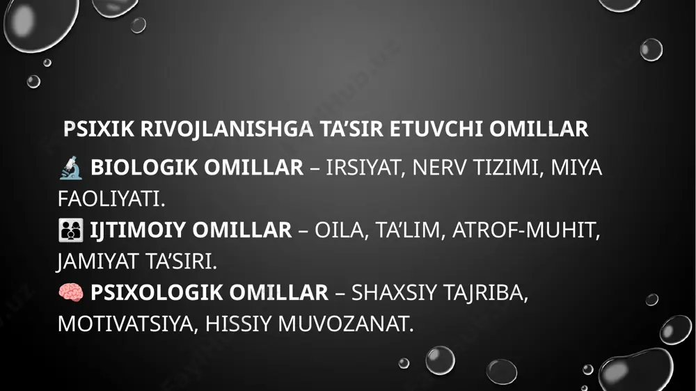 shi natijasida yolg‘izlikni his qiladi. 🔹 hayotni tahlil qilish: keksalikda inson o‘z hayot yo‘lini baholaydi va o‘zining qilgan ishlari haqida o‘ylaydi. rivojlanishning individual xususiyatlari 🧠 har bir insonning rivojlanish sur’ati va usuli har xil. 🔹 genetik xususiyatlar: har bir insonning psixik rivojlanishi uning biologik omillariga bog‘liq. 🔹 ijtimoiy sharoit: atrof-muhit va tarbiya individual rivojlanish jarayoniga katta ta’sir qiladi. 🔹 shaxsiy qiziqishlar va tajriba: inson o‘z tajribasi va qiziqishlariga qarab rivojlanadi. psixik rivojlanishga ta'sir qiluvchi zamonaviy omillar 🌍 texnologiyalar va innovatsiyalar psixik rivojlanishga ta’sir qilmoqda. 🔹 raqamli texnologiyalar – internet va gadjetlardan foydalanish bolalar va o‘smirlarning tafakkuriga ta’sir qiladi. 🔹 ijtimoiy tarmoqlar – shaxsiylik shakllanishiga va muloqot qobiliyatlariga ijobiy yoki salbiy ta’sir ko‘rsatadi. 🔹 zamonaviy ta’lim usullari – interaktiv va onlayn o‘qitish kognitiv rivojlanishga yangi yo‘nalishlar ochmoqda. psixik rivojlanishda emotsiyalarning roli 😊 emotsiyalar insonning psixik rivojlanishiga bevosita ta’sir qiladi. 🔹 ijobiy emotsiyalar – motivatsiyani oshirib, psixik barqarorlikni mustahkamlaydi. 🔹 salbiy emotsiyalar …