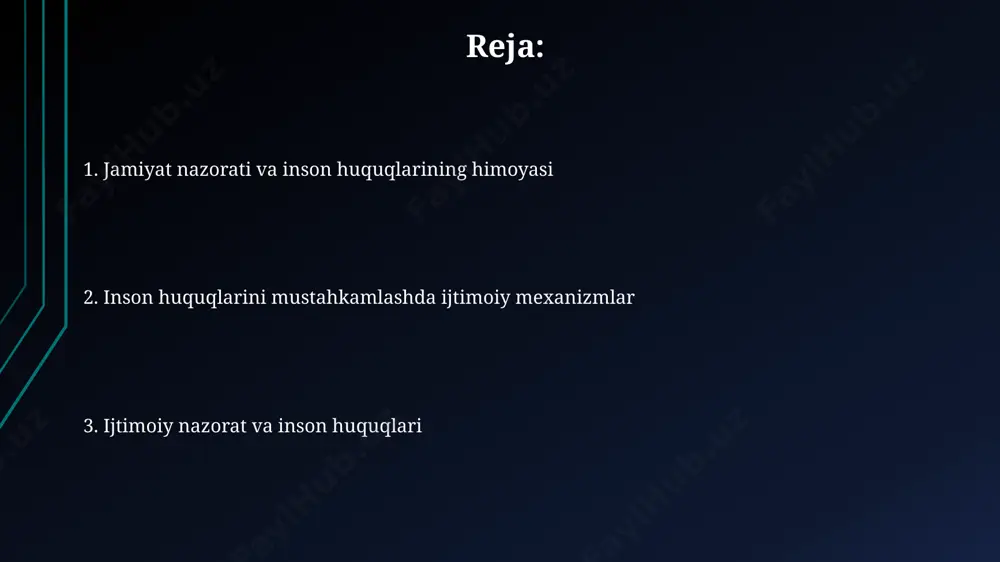 o'zbekiston kabi davlatlarda, inson huquqlari buzilishiga qarshi kurashda mahalliy jamoalar faolligi orqali amalga oshiriladi. inson huquqlarining asosiy tamoyillari genevada joylashgan bmt inson huquqlari kengashi, 47 ta davlatdan iborat bo'lib, inson huquqlarining buzilishiga qarshi kurashishda muhim rol o'ynaydi, ayniqsa, 10 dan ortiq mamlakatda kuzatilgan qiynoq holatlariga qarshi. inson huquqlari universaldir va barcha davlatlar, jumladan, o'zbekiston kabi mamlakatlar tomonidan 1948 yildagi umumiy inson huquqlari deklaratsiyasi asosida 30 dan ortiq moddalar orqali himoya qilinadi. ijtimoiy nazoratning mohiyati va turlari ijtimoiy nazoratning norasmiy shakllari, masalan, mahalla jamoalari va diniy tashkilotlarning ta’siri, 2023-yilgi tadqiqotlarga ko‘ra, ayrim hududlarda, masalan, samarqandda huquqbuzarliklarning oldini olishda muhim rol o‘ynaydi. ijtimoiy nazoratning asosiy mexanizmlaridan biri – 3 yoshdan 18 yoshgacha bo‘lgan bolalar uchun ta’lim tizimi orqali axloqiy qadriyatlarni singdirish bo‘lib, bu o‘zbekiston kabi mamlakatlarda inson huquqlarini mustahkamlashga yordam beradi. xalqaro huquq va inson huquqlarini himoya qilish бмтнинг инсон ҳуқуқлари бўйича кенгаши томонидан қабул қилинган 10 та асосий тавсияда жамиятдаги ижтимоий …