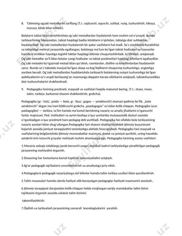 arbiyani demokratlashtirishning mazmuni shundan iboratki, talim-tarbiya mazmunining ochiqligi, oquv materiallari, talim shakl va metodlarining xilma- xilligi, milliy va hududiy xususiyatlarning inobatga olinishi, hammaning va xar kimning madaniy jihatdan yuksak natijalarga erishishini taminlashga imkon beradi. mazkur tamoyilga amal qilish oquvchilarning xohishlariga kora oquv jadvalidan qoshimcha fanlarning orin olishi, yuqori sinflarda muayyan fanlarning chuqurlashtirilib orgatilishi, fakultativ mashgulotlar hajmining kengaytirish, turli yonalishlarda togaraklarni tashkil etish, darslarning yakka va guruh asosida otkazilishiga etibor berilishini anglatadi. 6. talim qoidalari va qonuniyatlari haqida malumot bering (t.i.: ongli, ilmiy, izchil, korsatmali, amaliyot, faollik). ta‘lim qonuniyatlari bu - o’qitish jarayoniga qo’yiladigan talablar yig’indisidir. ta‘lim printsip (qonuniyat) lari deb, ta‘limning barcha bosqichlari va hamma predmetlarini o’qitish uchun asos bo’ladigan qonuniyatlar, qoidalarga aytamiz. ta‘lim qonuniyatlari o’quvchi va o’qituvchi orasidagi eng muhim ichki ahamiyatni aks ettiradi. o’qitishning printsiplaridan uning qoidalari kelib chiqadi va ular u yoki bu printsiplarning xususiy qoidalarini aks ettiradi. har bir o’qituvchi shuni anglab yetishi muhimki, o’quv jarayonini …