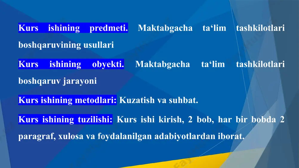 ekiston respublikasi prezidentining 2018 yil 5 apreldagi “maktabgacha ta’lim tizimini yanada rag‘batlantirish va rivojlantirish chora-tadbirlari to‘g‘risida”gi pq-3651-son qarori. qarorda maktabgacha ta’lim tizimini, shu jumladan maktabgacha ta’lim xizmatlari nodavlat sektorini yanada rivojlantirish, maktabgacha ta’lim tashkilotlari tarmog‘ini kengaytirish va moddiy-texnika bazasini mustahkamlash, bolalarning maktabgacha ta’lim tizimiga yanada kengroq qamrab olinishini ta’minlash hamda maktabgacha ta’lim sohasidagi davlat-xususiy sherikchiligi uchun qulay shart-sharoitlar yaratish belgilab berildi. maktabgacha ta'lim tashkiloti rahbarining boshqaruv harakatlari o‘qituvchilarning bolaga uning rivojlanishi va shakllanishida pedagogik yordam ko‘rsatish, takomillashtirish istagi bilan uyg‘unlashganda bolaning shaxsini - maktabgacha tarbiyachini shakllantirish vazifasi eng muvaffaqiyatli amalga oshiriladi. ish usullari, ta'lim tashkilotining o‘z boshqaruv konsepsiyasini amalga oshirish. ii bob. maktabgacha ta’limni rivojlantirishda zamonaviy yondashuv maktabgacha ta’lim tizimi uzluksiz ta’lim tizimining boshlang’ich, eng asosiy bo’g’ini hisoblanadi. mutaxassislar va o’qituvchilarning ilmiy xulosalariga ko’ra, inson barcha ma’lumotlar va ma’lumotlarning 70 foizini besh yoshga to’lgunga qadar oladi. mana shu faktning o’zi, bolalarimizning barkamol shaxs sifatida shakllanishi uchun maktabgacha ta’lim tashkilotidagi tarbiya …