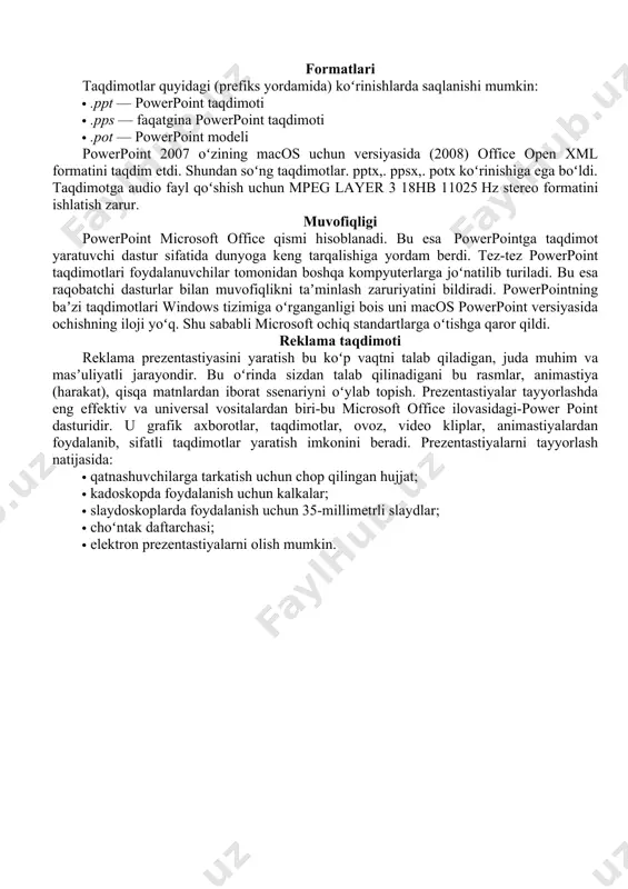 lar, ovoz, video kliplar, animastiyalardan foydalanib, sifatli taqdimotlar yaratish imkonini beradi. prezentastiyalarni tayyorlash natijasida: · qatnashuvchilarga tarkatish uchun chop qilingan hujjat; · kadoskopda foydalanish uchun kalkalar; · slaydoskoplarda foydalanish uchun 35-millimetrli slaydlar; · choʻntak daftarchasi; · elektron prezentastiyalarni olish mumkin. microsoft power point dasturi 1987-yildan boshlab paydo boʻlgan boʻlsa ham, ammo prezentatsion grafik ishlarida yetakchi oʻrin tutadi. bu dasturning keyingi versiyalarida esa shu dasturga yangi qoʻshimcha fikrlar va prezentastiyalarni qoʻllashning yangi usullari ishlab chiqildi. microsoft power pointdan foydalanayotgan har bir foydalanuvchi xoh u yangi ish boshlovchi boʻlsa, xoh tajribali boʻlishidan qatʼiy nazar, ushbu dasturga kiritilgan yangi usullarni yuqori darajada baholaydi. microsoft powerpoint – taqdimotlarni tayyorlash va taqdimotlarni hosil qilish uchun moʻljallangan boʻlib, unda yaratilgan taqdimotlarda oddiy animastiyalar hosil qilish mumkin. taqdimot – maʼruza, biznez reja va hokazolar boʻlishi mumkin. har bir taqdimot bir necha slayddan tashkil topgan boʻlishi mumkin. microsoft power point – universal, imkoniyatlari keng boʻlgan, koʻrgazmali grafika amaliy …