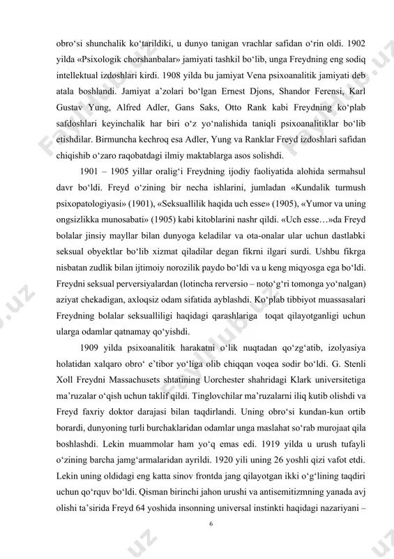adilar va ota-onalar ular uchun dastlabki seksual obyektlar bo‘lib xizmat qiladilar degan fikrni ilgari surdi. ushbu fikrga nisbatan zudlik bilan ijtimoiy norozilik paydo bo‘ldi va u keng miqyosga ega bo‘ldi. freydni seksual perversiyalardan (lotincha rerversio – noto‘g‘ri tomonga yo‘nalgan) aziyat chekadigan, axloqsiz odam sifatida ayblashdi. ko‘plab tibbiyot muassasalari freydning bolalar seksualliligi haqidagi qarashlariga toqat qilayotganligi uchun ularga odamlar qatnamay qo‘yishdi. 1909 yilda psixoanalitik harakatni o‘lik nuqtadan qo‘zg‘atib, izolyasiya holatidan xalqaro obro‘ e’tibor yo‘liga olib chiqqan voqea sodir bo‘ldi. g. stenli xoll freydni massachusets shtatining uorchester shahridagi klark universitetiga ma’ruzalar o‘qish uchun taklif qildi. tinglovchilar ma’ruzalarni iliq kutib olishdi va freyd faxriy doktor darajasi bilan taqdirlandi. uning obro‘si kundan-kun ortib borardi, dunyoning turli burchaklaridan odamlar unga maslahat so‘rab murojaat qila boshlashdi. lekin muammolar ham yo‘q emas edi. 1919 yilda u urush tufayli o‘zining barcha jamg‘armalaridan ayrildi. 1920 yili uning 26 yoshli qizi vafot etdi. lekin uning oldidagi eng katta sinov frontda …