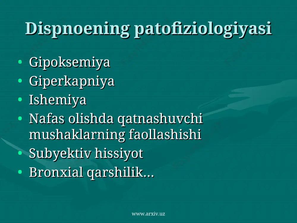 o`zgarishi r-soya (pio- yoki gidrotoraks) r-tiniqlik (pnevmotoraks) www.arxiv.uz www.arxiv.uz ko`krak qafasini transillyuminaciyasi: 6 oygacha bo`lgan bolalarda pnevmotoraksni aniqlashi mumkin www.arxiv.uz www.arxiv.uz mikrobiologik usullar qon gazlarini tekshirish ventilyatsiyani tekshirish www.arxiv.uz www.arxiv.uz differencial tashxis atelektazmi yoki kollapsmi? www.arxiv.uz www.arxiv.uz atelektaz: bu o`nye ning turlaridan biri www.arxiv.uz www.arxiv.uz kollaps: bu plevral bosimning ko`tarilishini natijasi www.arxiv.uz www.arxiv.uz nima uchun differencial tashxislash kerak? atelektazda: nafas yo`llarining o`tkazuvchanligini ta`minlash bemorni qutqaradi kollapsda: plevral bosimni tushirish bilan bemor qutqariladi www.arxiv.uz www.arxiv.uz tekshirishning umumiy principlari anamnez qacon va qanday? bemorning ahvoli: tashqi ko`rinishi, xulq-atvori, shikoyatlari, fiziognomika, mimika, pantomimika, hissiyot (hayajonlik, mushaklar taranglashishi, nafas yetishmasligi, nafas tezlashishi) www.arxiv.uz www.arxiv.uz simptomatika yo`tal balg`am cianoz harorat www.arxiv.uz www.arxiv.uz yo`tal vaqti hurujlari davomiyligi ovqatlanish bilan bog`liqligi xarakteri: quruq, nam,hakkilovchi, doimiy, qusish bilan, cianoz bila, nafas ichiga tushishi bilan, bolaning vaziyati www.arxiv.uz www.arxiv.uz balg`am miqdori xarakteri shilimshiq yiringli qonli fibrinli rangi hidi www.arxiv.uz www.arxiv.uz qonli balg`am tez-tez qaytalanishi intensivligi www.arxiv.uz www.arxiv.uz hansirash, cianoz …