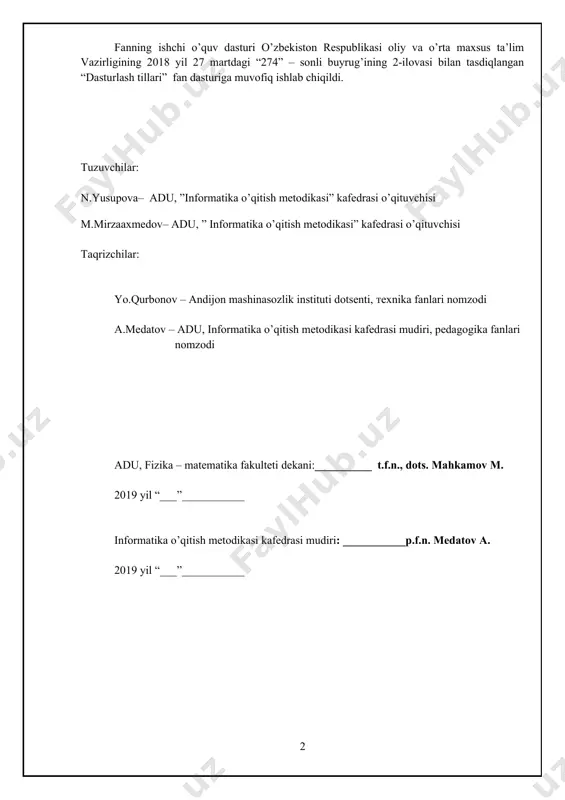 gan bilimlar, amalda qo’llash uchun ko’nikma va makalalarni shaklantirish hamda rivojlantirishdan iborat. ushbu maqsadga erishish uchun fan talabalarni ob’ektga yo’naltirilgan dasturlash tillarida ishlash, amaliy masalalarga dasturlar tuzishga oid nazariy bilimlar, amaliy ko’nikma va malakalarini shakllantirish vazifalarini bajaradi. fan bo’yicha talabalarning bilim, ko’nikma va malakalariga quyidagi talablar qo’yiladi. talaba: · ob’yektga yo’naltirilgan dasturlash tillarining nazariy asoslari, ob’yektlarni loyihalash, matematik va interfeys ob’yektlari, voqealar va xabarlar, ob’yektga yo’naltirilgan muhitlarda xabarlarni uzatish, ularga ishlov berish mexanizmlari, ob’yektlar iyerarxiyasi asosida dasturlarni loyihalash, muayyan ob’yektga yo’naltirilgan dasturlash tillari to’g’risida tasavvurga eg a bo’lishi; · ob’yektga yo’naltirilgan dasturlash tillarida chiziqli, tarmoqlanuvchi va takrorlanuvchi va modulli dasturlar tuza olishni, dasturlashning ob’yektga yo’naltirilgan paradigmasini,ob’yektga yo’naltirilgan muhitlarda dasturlarni loyihalashni bilishi va ulardan foydalana olishi; · ob’yektga yo’naltirilgan dasturlash tillari muhitida ishlash, masalalarni tahlil qila olish, muayyan dasturlash tillari yordamida masalalarning dasturini tuzish va natijalarni taqqoslay olish ko’nikmalariga ega bo’lishi lozim. dasturlash tillari fanidan mashg’ulotlarning mavzu va soatlar bo’yicha taqsimlanishi: …