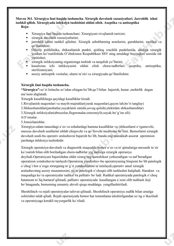 larni o`rganuvchi, maxsus davolash usullarini ishlab chiquvchi va qo`llovchi meditsina bo`limi. bemorlarni xirurgik davolash usuli-bu operativ aralashuvni bajarish bo`lib, bunda eng murakkab assorat operatsion jarohatga infeksiya tushishidir. xirurgik operatsiya-davolash va diagnostik maqsadda bemor a`zo va to`qimalariga mexanik ta`sir ko`rsatish bilan olib boriladigan chora-tadbirlar yig`indisiga xirurgik operasiya deyiladi.operatsiyani bajarishdan oldin xirurg eng kamshikast yetkazadigan va naf beradigan operatsion yondoshuvni tanlaydi.operatsion yondoshuv-bu operatsiyaning birqismi bo`lib patologik o`chog`i bor a`zoga xirurgning to`g`ri yondoshishini ta`minlaydi,operativ amal xirurgik aralashuvning asosiy muammosini, ya`ni patologik o`choqni olib tashlashni halqiladi. harakter va maqsadiga ko`ra operatsiyalar radikal va palliativ bo`ladi. radikal operatsiyada patologik o`choq batamom to`liq bartaraf qilinadi, palliativ operatsiyada kasallangan a`zoni olib tashlash iloji bo`lmaganda, bemorning umumiy ahvoli qisqa muddatga yengillashtiriladi. shoshilinch va rejali operatsiyalar tafovut qilinadi. shoshilinch operatsiya zudlik bilan amalga oshirishni talab qiladi. rejali operasiyada bemor har tomonlama tekshirilgandan so`ng o`tkaziladi va operatsiyaga kerakli tayyorgarlik ko`riladi. xirurgik davolash usullari xirurgik davolash usullariga quyidagilar kiradi: 1.konservativ davolash …