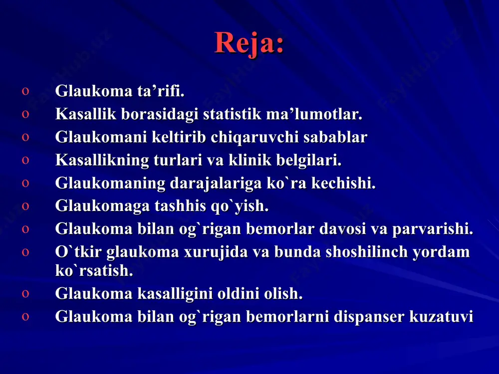 lashuvi bosh va ko`zda og`riq paydo bo`lishi yorug`lik manbaiga qaraganda rangdor doiralar ko`rinishi sababsiz ro`y beradigan ko`zdan yosh oqishi o`qiganda ko`z charchashi va shu sababli ko`zoynakni tez-tez almashtirib turish zaruriyati glaukomaning darajalarga ko`ra kechishi boshlang`ich glaukoma bemorlarning aytib o`tilgan shikoyatlari bilan xarakterlanadi, ular doimiy bo`lmaydi. ko`z oldida tuman paydo bo`lishi va bosh og`rishi to`satdan paydo bo`lib, so`ng yo`qolishi mumkin. ko`rish o`tkirligi va ko`rish maydoni, shuningdek. ko`z tubi o`zgarmay qolishi mumkin; biroq ko`z ichi bosimini muntazam tekshirib, uning oshganligini topish va glaukomani aniqlash mumkin. glaukomaning darajalarga ko`ra kechishi avj olgan glaukoma ko`z oldingi kesigida turg`un o`zgarishlar ro`y berishi va ko`rish nervi so`rg`ichi ekskavatsiyasi paydo bo`lishi bilan yuzaga chiqadi. ko`z ichida bosimning doimiy oshganligi, ko`rish o`tkirligining doimiy pasayganligi va ko`rish maydonining burun tomondan turg`un torayganligi aniqlanadi. glaukomaning darajalarga ko`ra kechishi kuchaygan glaukomada ko`rish o`tkirligi ko`proq pasayadi, ko`rish maydoni har tomondan keskin torayadi, ko`ruv nervi atrofiyaga uchraydi. absolyut glaukomada bemorning ko`rish qobiliyati hatto …