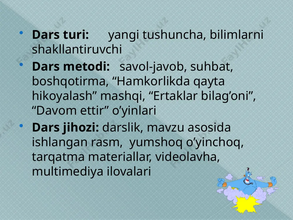 -qani ayting-chi, siz ingliz tili darsida qaysi hayvonlar bilan tanishgansiz? unda sher va sichqon so’zlarini ingliz tiliga tarjima qilib bering-chi? (dars ingliz tiliga bog’lanadi) sher – lion sichqon – mouse “sher va sichqon” ertagi ekran orqali namoyish qilinadi. savollar : ertak nima haqida ekan? ertakdan qanday ibrat oldingiz? lug’at ishi: (ekranda ko’rsatiladi) ( ona tili faniga bog’lanib, ona tilimizning boy va sermazmun ekanligi o’quvchilarga aytib o’tiladi) oq ko’ngil - mehribon tasodifan – to’satdan najotkor – ko’mak beruvchi o’qituvchi ertakni ifodali o’qib beradi, o’quvchilar kuzatib boradi. darslikdagi maqol, hikmatli so’z, tez aytish bilan ishlash. (darsda xalq og’zaki ijodidan unumli foydalaniladi) hikmatli gap yaxshining yaxshiligi tegar tor yerda, yomonnning yomonligi tegar har yerda. maqol yaxshilik qilsang-yaxshilik ko’rasan. topishmoq toping-chi uning nomin, sichqonning berar dodin? tez aytish qobil qozonda qovurdoq qovurdi, qodir qag’allagan qarg’aga qaradi. iv. yangi mavzuni mustahkamlash. “davom ettir” o’yini. (ona tili faniga bog’lanadi). o’quvchilarga ertakni so’z birikmasi tarzida o’qitiladi. barcha …
