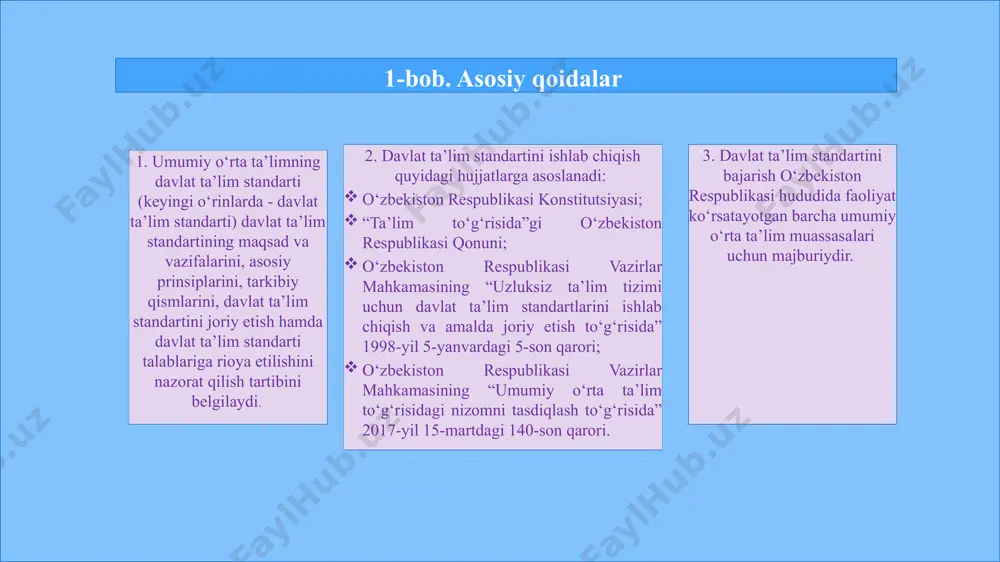 adi. o‘quv dasturi o‘zbekiston respublikasi xalq ta’limi vazirligi tomonidan ishlab chiqiladi va tasdiqlanadi. qonunchilikda belgilangan holatlarda, o‘quv rejalari va dasturlari xorijiy ta’lim muassasalari bilan hamkorlikda ishlab chiqilishi mumkin. 13. umumiy o‘rta ta’limning malaka talablari umumta’lim fanlari bo‘yicha ta’lim mazmunining majburiy minimumi va yakuniy maqsadlariga, o‘quv yuklamalari hajmiga hamda ta’lim sifatiga qo‘yiladigan talablardan iborat bo‘lib, u quyidagilardan tashkil topadi: bilim - o‘rganilgan ma’lumotlarni eslab qolish va qayta tushuntirib berish; ko‘nikma - o‘rganilgan bilimlarni tanish vaziyatlarda qo‘llay olish; malaka - o‘rganilgan bilim va shakllangan ko‘nikmalarni notanish vaziyatlarda qo‘llay olish va yangi bilimlar hosil qilish; kompetensiya - mavjud bilim, ko‘nikma va malakalarni kundalik faoliyatda qo‘llay olish qobiliyati. 14. baholash tizimi - davlat ta’lim standarti bo‘yicha umumiy o‘rta ta’limning malaka talablarini o‘quvchilar tomonidan o‘zlashtirilishi darajasini hamda umumiy o‘rta ta’lim muassasasining faoliyati samaradorligini aniqlaydigan mezonlar majmuidan iborat. 4-bob. davlat ta’lim standartining tarkibiy qismlari 16. davlat ta’lim standartini joriy etish, shu jumladan umumta’lim fanlari bo‘yicha ta’lim …