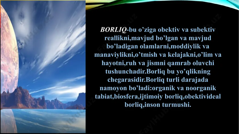bo’lmaydi, bordan yuq bo’lmaydi.dunyodagi barcha narsalar biri ikkinchisini mavjud bo’lishini taqazo etadi.borliq yagona,uzliksiz va barkamoldir. e’tiboringiz uchun rahmat! image2.png image3.png image4.png image5.jpg image6.jpg image7.png image8.jpg image9.jpg image10.jpg image11.jpg image12.jpg image13.jpg image14.jpg image15.jpg image16.jpg image17.jpg image1.png /docprops/thumbnail.jpeg