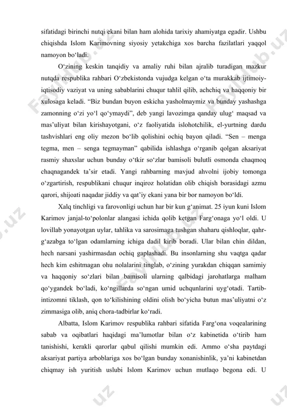 r sovetida katta majlis o‘tkazdi va unda nutq so‘zladi. bu nutq mohiyat-e’tiboriga ko‘ra islom karimovning o‘zbekiston rahbari sifatidagi birinchi nutqi ekani bilan ham alohida tarixiy ahamiyatga egadir. ushbu chiqishda islom karimovning siyosiy yetakchiga xos barcha fazilatlari yaqqol namoyon bo‘ladi. o‘zining keskin tanqidiy va amaliy ruhi bilan ajralib turadigan mazkur nutqda respublika rahbari o‘zbekistonda vujudga kelgan o‘ta murakkab ijtimoiy-iqtisodiy vaziyat va uning sabablarini chuqur tahlil qilib, achchiq va haqqoniy bir xulosaga keladi. “biz bundan buyon eskicha yasholmaymiz va bunday yashashga zamonning o‘zi yo‘l qo‘ymaydi”, deb yangi lavozimga qanday ulug‘ maqsad va mas’uliyat bilan kirishayotgani, o‘z faoliyatida islohotchilik, el-yurtning dardu tashvishlari eng oliy mezon bo‘lib qolishini ochiq bayon qiladi. “sen – menga tegma, men – senga tegmayman” qabilida ishlashga o‘rganib qolgan aksariyat rasmiy shaxslar uchun bunday o‘tkir so‘zlar bamisoli bulutli osmonda chaqmoq chaqnagandek ta’sir etadi. yangi rahbarning mavjud ahvolni ijobiy tomonga o‘zgartirish, respublikani chuqur inqiroz holatidan olib chiqish borasidagi azmu qarori, shijoati …