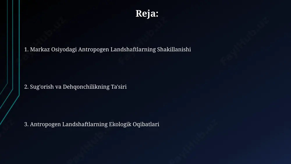 i oʻzgartirgan. qozog'istondagi antropogen landshaftlar: misollar qozogʻistonning janubi-gʻarbiy qismidagi aral dengizi atrofidagi 20 ming kv.km dan ortiq hudud antropogen chōlga aylandi, tuzli botqoqliklar va suvsizlangan tuproqlar bilan qoplangan. orol dengizi havzasidagi paxta yetishtirish uchun qurilgan keng miqyosli sug'orish kanallari 10000 km dan ortiq uzunlikda bo'lib, bu mintaqaning antropogen o'zgarishlariga sezilarli ta'sir ko'rsatdi. qirg'izistondagi antropogen landshaftlar: misollar qirgʻizistonning janubidagi alay togʻlarida 2000 metr balandlikda joylashgan qadimgi sugʻorish tizimlari, taxminan 1000 yillik tarixga ega boʻlib, yerning antropogen oʻzgarishiga misoldir. chuy vodiysidagi intensiv dehqonchilik faoliyati tufayli 50 yil ichida 30% ga yaqin yerlarning tuproq unumdorligi pasaygan, bu antropogen taʼsirning salbiy oqibatlarini koʻrsatadi. kelajakdagi istiqbollar va tadqiqotlar o'zbekistonning xorazm viloyatidagi qadimgi shahar xarobalari bo'yicha olib boriladigan tadqiqotlar, 20 dan ortiq arxeologik qazishmalar orqali olingan ma'lumotlar asosida, qishloq xo'jaligi amaliyotlarining qadimgi shaharlarning rivojlanishi va qulashiga ta'sirini o'rganishga yo'naltirilgan. markaziy osiyoda, xususan, fargʻona vodiysidagi 1500 yildan ortiq tarixga ega sun'iy sug'orish tizimlarining zamonaviy gis texnologiyalari yordamida …