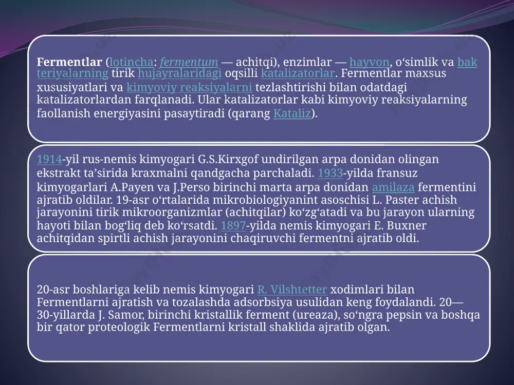 shkil topgan. bunday faol birikmalar koferment, oqsil qismi esa – apoferment – deb nom olgan. koferment bilan oqsil orasidagi bog’lanish mustahkamligi har xil fermentlarda turlicha bo’ladi. ayrim fermentlarda bu bog’lanish mustahkam bo’lib, ularni bir – biridan ajratish qiyin bo’ladi. koferment, ayrim vaqtlarda kofaktor ham deyiladi, ular termostabil ya‘ni issiqqa chidamli organikaviy birikmalar yoki metall ionlaridan iborat bo’ladi. kofermentlar ko’pincha fermentlarga ta‘sir o’tkazib, ularnnig faolligini oshiradi. koferment murakkab tuzilishga ega bo’lib, katalizator rolini bajaradi, lekin uning faolligi fermentning oqsil qismi bilan bog’langanda keskin oshadi. odam va issiq qonli qayvonlar fermenti 37—38°da, yaʼni tana haroratida taʼsir koʻrsatadi. fermentlar faolligining traga bogʻliqligidan tibbiyot amaliyotida, jumladan, jarrohlikda foydalaniladi. koʻpchilik fermentlar neytral reaksiyada (rn— 7,0 da) faol boʻlib, kislotali va ishqorli muhitda ular oʻz faolligini yoʻqotadi. kislotali muhitda faol boʻlgan pepsin va baʼzi toʻqima proteolitik fermentlar (mas, katepsin d) hamda ishqorli muhitda (rn — 8,0 da) faol boʻlgan tripsin bulardan mustasno. tra va muhit rn …