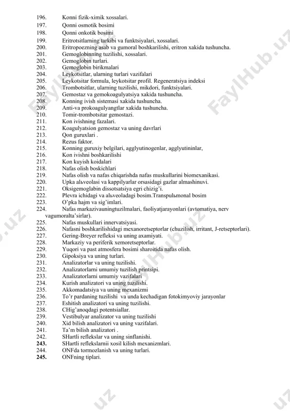 a tushuntiring 142. nerv tolalarini sinflanishi 143. avs tipidagi nerv tolalar ularning diametri, kuzgalishni utkazilish tezligi, xronaksiyasi 144. nerv tolalarda kuzgalishni utkazilish konunlari 145. neyronlarda qo’zg’alishni o’tish tezligi, tasaki formulasi va uning analizi. 146. mielinli nerv tolalarda kuzgalishni utkazilish konuni, tassaki formulasi orkali chizib kursating 147. parabioz va uning fazalari 148. glial hujayralar va ularning vazifalari 149. akson transport va uning turlari. 150. skelet muskul tolalarini sinflanishi fiziologik xossalari 151. muskul tolasining ulьtramikroskopik tuzilishi va qisqarish mexanizmi. 152. muskul kiskarish turlari va uning mexanizmlari 153. yakka kiskarish va uning davrlari 154. tetanik kiskarishlarni kelib chikish nazariyalari va mexanizmlari 155. skelet muskul tolasini xarakat potentsial i va yakka kiskarish davrlarini bir-biriga mos kelishi 156. vvedenskiy buyicha optimum ,pessimumni chizib kursating va mexanizmini tushuntiring 157. muskul qisqarish rejimlari. 158. muskulning kuchi. 159. cinapslardagi potentsiallarni xosil bulish mexanizmi. 160. sinapslardagi qo’zgaluvchi postsinaptik potentsialning hosil bo’lish mexanizmi. 161. tormozlovchi postsinaptik potentsialning hosil bo’lish mexanizmi …