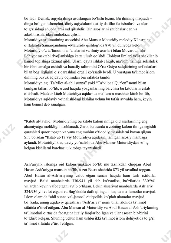 yilning faqat bir oyi ichida bu yerni 4000 kishi ziyorat qilgan. 2000 yilda yunesko tashkiloti tomonidan maxsus sertifikat bilan “eng bebaho yodgorlik” deb eʼtirof etilgan usmon mushafi bugungi kunda oʼzbekiston musulmonlari idorasi kutubxonasida saqlanadi. аqida ilmi. «аqiyda» soʼzi arabcha «aqada» feʼlidan olingan boʼlib, bir narsani ikkinchisiga mahkam bogʼlash maʼnosini anglatadi. bu soʼzning jaʼmi (koʼplik shakli) «aqoid» boʼladi. islom aqiydasi musulmon insonni maʼlum bir narsalar bilan mahkam bogʼlab turadigan eʼtiqodlar majmuʼasidir. аslida biror narsaga eʼtiqod qilish uchun uni hech qanday shubha qoldirmaydigan darajada yaxshi bilish kerak. buning uchun avvalo oʼsha narsani idrok qilish kerak. keyin esa oʼsha hissiy idrok ilmiy maʼrifatga aylanishi lozim. soʼngra zamon oʼtishi, boshqa dalillarning sobit boʼlishi ila oʼsha ilmimiz tasdiqlanadi va unga boʼlgan ishonchimiz kuchli boʼladi. mazkur ilmga boʼlgan ishonch ongimizda mustahkam ravishda qaror topganidan soʼng u bizning aqlimizga va qiladigan ishlarimizga oʼz taʼsirini oʼtkazadigan boʼladi. qachonki maʼlum bir ilm bizning fikrimizga aylanib, his tuygʼularimizni yoʼllaydigan va …