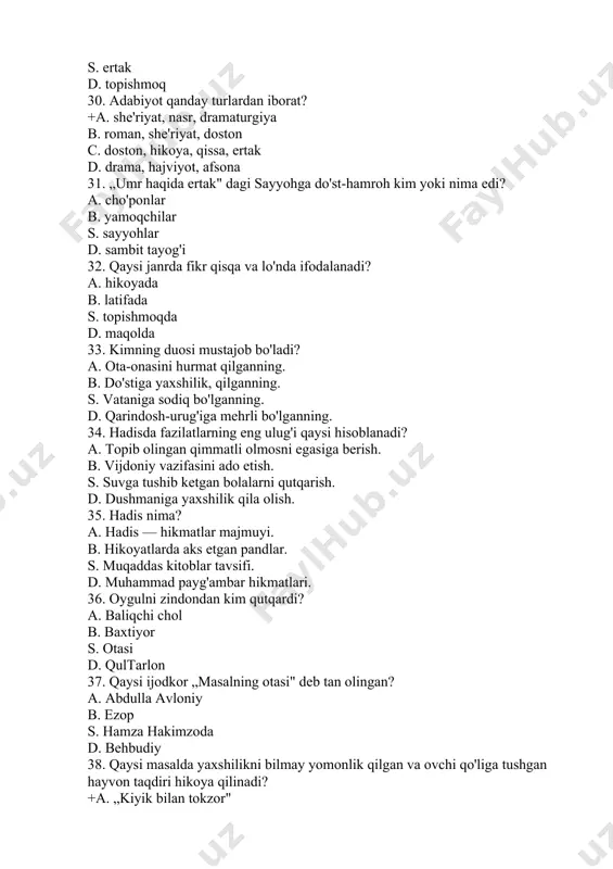 susambil" s. „oygul bilan baxtiyor" d. „odil burgutshoh..." 44 „yoshlik ayyomining ilk bahori" asarida yosh alisher qaysi tarixchi olim bilan uchrashadi? +a. sharafiddin aliy yazdiy bilan b. xondamir bilan c. sakkokiy bilan» d. otasi bilan 45. quyidagi parchadagi so'zlar „odil burgutshoh..." asarining qaysi qahramoni tomonidan aytilgan? burgutshoh-chi?! — vaqtincha ... tirik, lekin shuncha qayg'u, ko'rgulik uning jonin olishi kerak. a. qarchig'ay b. popishak s. chaqmoq d. to'ti vazir 46. hans xristian andersen qaysi hunar va san'atni o'rgangan? a. xonandalikni b. lotin tilini s. artistlikni d. yozuvchilikni 47. qaysi mamlakatning shahanshohlari ham, fuqarolari ham xitoylardan? a. odens b. chmmochin s. o'rta osiyo d. er 48. bulbul ertagida o'lim tushagida yotgan shohga nima qayta hayot bag`ishlaydi a. o`yinchoq bulbul b. chinakan bulbul s. oltin qilich d. qimmat baho bayroq 49. bulbul sayrar, arvohlar tobora xiralashar, shahanshohning yuragida tez-tez qon yurishar edi" so'ng nima bo'ldi? a. azroil qo'shiq sehri bilan boyagi qimmatli narsalarni …