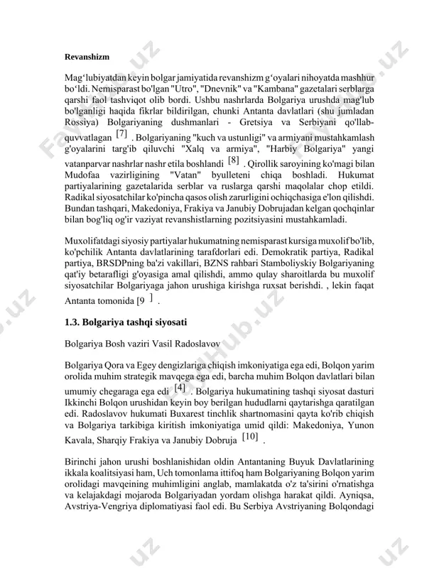 tini chora ko'rishga undadi. germaniya va avstriya-vengriya yordami bilan makedoniyani (serbiya tarkibiga kirgan) qulay vaqtda qaytarishni kutish podshohni rusofil bolgar generallarini yo'q qilishga majbur qildi. masalan, general radko-dmitriev rossiyaga elchi sifatida yuborilgan [4] . revanshizm magʻlubiyatdan keyin bolgar jamiyatida revanshizm gʻoyalari nihoyatda mashhur boʻldi. nemisparast bo'lgan "utro", "dnevnik" va "kambana" gazetalari serblarga qarshi faol tashviqot olib bordi. ushbu nashrlarda bolgariya urushda mag'lub bo'lganligi haqida fikrlar bildirilgan, chunki antanta davlatlari (shu jumladan rossiya) bolgariyaning dushmanlari - gretsiya va serbiyani qo'llab-quvvatlagan [7] . bolgariyaning "kuch va ustunligi" va armiyani mustahkamlash g'oyalarini targ'ib qiluvchi "xalq va armiya", "harbiy bolgariya" yangi vatanparvar nashrlar nashr etila boshlandi [8] . qirollik saroyining ko'magi bilan mudofaa vazirligining "vatan" byulleteni chiqa boshladi. hukumat partiyalarining gazetalarida serblar va ruslarga qarshi maqolalar chop etildi. radikal siyosatchilar ko'pincha qasos olish zarurligini ochiqchasiga e'lon qilishdi. bundan tashqari, makedoniya, frakiya va janubiy dobrujadan kelgan qochqinlar bilan bog'liq og'ir vaziyat revanshistlarning pozitsiyasini mustahkamladi. muxolifatdagi …
