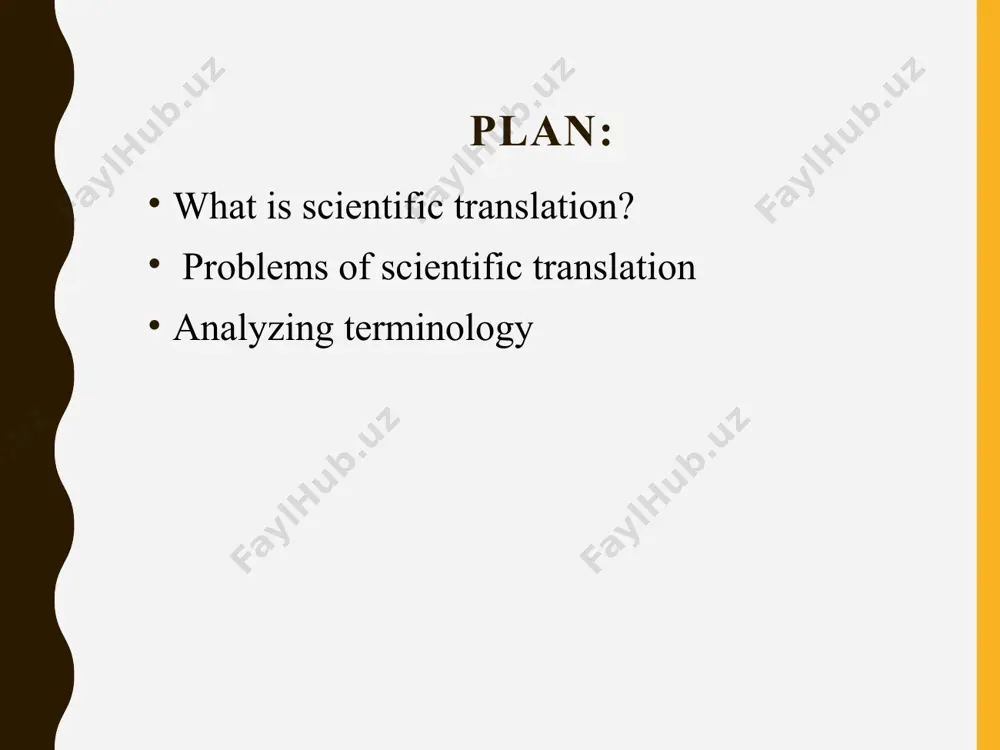 thus a translator needs to ensure an accurate delivery of information and shows faithfulness and commitment to the source and the target language, so that the translated information can be used easily and help in developing other countries. 6 definition of scientific translation different texts are divided into three types: expressive text, instructive text, and vocative text. science and technology texts fall into the category of “typical and distinctive instructive” texts. scientific translation is mainly about translating terms in the fields of science and technology of all kinds, medicine, physics, chemistry, mathematics, computer sciences...etc from one language into another (ghazzala 1995). scientific translations do not involve literary texts; they only deal with texts from the world of electronics, medicine, law, economics, engineering, chemistry, computer science, automotive engineering, geology, etc. the number of technical fields is infinitely large, and terminology is expanding and changing daily. the aim of scientific translation byrne …