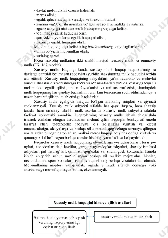 y vorislik tartibida tuziladigan mol-mulkni taqsimlash bitimlari asosida mulk huquqining qoʻlga kiritilishi mulk huquqini qoʻlga kiritishning hosilaviy usullariga taalluqlidir. mulk huquqi vujudga kelishining dastlabki usullarga quyidagilar kiradi: - mol-mulkni yaratish va koʻpaytirish; - mehnat faoliyati; - mol-mulkdan foydalanish sohasidagi tadbirkorlik va boshqa xoʻjalik faoliyati, shu jumladan mol-mulkni yaratish, koʻpaytirish, bitimlar asosida qoʻlga kiritish; - davlat mol-mulkini xususiylashtirish; - meros olish; - egalik qilish huquqini vujudga keltiruvchi muddat; - hamma yigʻib olishi mumkin boʻlgan ashyolarni mulkka aylantirish; - egasiz ashyoga nisbatan mulk huquqining vujudga kelishi; - topilmaga egalik huquqini olish; - qarovsiz hayvonlarga egalik huquqini olish; - xazinaga egalik huquqini olish. mulk huquqi vujudga kelishining hosila usullariga quyidagilar kiradi: - bitim boʻyicha mol-mulkni olish; - sudning qarori. fkga muvofiq mulkning ikki shakli mavjud: xususiy mulk va ommaviy mulk (fk, 167-modda). xususiy mulk. bugungi kunda xususiy mulk huquqi fuqarolarning va davlatga qarashli boʻlmagan (nodavlat) yuridik shaxslarning mulk huquqini oʻzida aks ettiradi. xususiy …