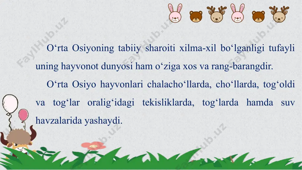 onlar ko‘p. yirtqich hayvonlardan tulki, chiyabo‘ri, qum mushugi va boshqalar yashaydi. * qizilqumdagi saksovulzorlarda buxoro kiyigi — xongul bor. qushlardan saksovul to‘rg‘ayi, cho‘l moyquti, cho‘l qarg‘asi, cho‘l qarqunog‘i, saksovul chumchug‘i va boshqalar uchraydi. tog‘ hayvonlari balandlik mintaqalariga bog‘liq holda tarqalgan. * chalacho‘l balandlik mintaqasining hayvonot dunyosi chalacho‘l hayvonot dunyosi bilan bir xil (kemiruvchilar, yirtqichlar). tog‘ quruq cho‘llarida tulki, bo‘ri, jayron, sirtlon yashaydi, ammo bu mintaqada cho‘lga xos bo‘lgan hayvonlar (qo‘shoyoq, qum sichqoni, ingichka barmoqli yumronqoziq) uchramaydi. * * keng bargli o‘rmonlarda jayron, ayiq, to‘ng‘iz, bo‘rsiq uchraydi. to‘ng‘iz, asosan, daryo bo‘ylarida ko‘proq tarqalgan. bu mintaqada qushlardan jannat hasharotxo‘ri, kabutar, mayqut, oq boshli sa’va, bulbul va boshqalar bor. * ignabargli o‘rmonlarda elik (kiyik), jung‘oriya olatovida maral (bug‘u), yirtqich hayvonlardan silovsin, o‘rta osiyo latchasi, ayiq, manul (yettisuvda) uchraydi. archazorlarda o‘rmon sichqonlari, tog‘ sichqonlari, qushlardan boltatumshuq, tog‘ sariq chumchug‘i, chittak va tog‘ kakligi mavjud. * baland tog‘ yaylovlarida (subalp va alp mintaqasi) tog‘ takasi, …