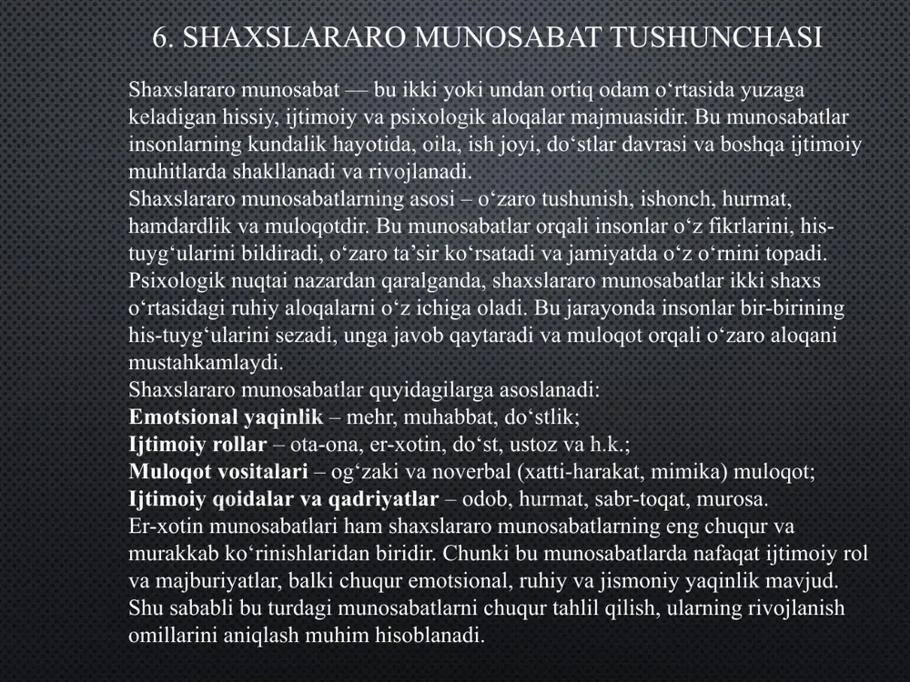 k ikki shaxsni bir-biriga yaqinlashtiradi. o‘xshashlik munosabatlarni mustahkamlaydi, farqlilik esa o‘ziga jalb qiladi. oilaviy va bolalik tajribalari: inson bolalikdagi tajribalari asosida juft tanlaydi. mehribon ota-onasi bo‘lgan shaxs o‘xshash xususiyatlarni qidiradi. biologik va tashqi joziba: tashqi ko‘rinish, jismoniy joziba ham muhim rol o‘ynaydi. har bir insonning go‘zallik mezonlari boshqacha. ijtimoiy omillar va stereotiplar: jamiyatning kutishlari, ota-onaning fikri va stereotiplar tanlovga ta’sir qiladi. odamlar ko‘pincha ijtimoiy kutishlarga mos tanlov qilishadi. psixologik uyg‘unlik psixologik uyg‘unlik esa, er-xotin o‘rtasidagi ruhiy va hissiy muvofiqlikni anglatadi. bu — juftliklarning bir-biriga o‘zgarmas ishonch, mehr-oqibat va qo‘llab-quvvatlash bilan bog‘lanishidir. psixologik uyg‘unlikni saqlash uchun tomonlar o‘rtasida doimiy muloqot, his-tuyg‘ularni ochiq ifodalash va muammolarni birgalikda hal qilish muhim ahamiyatga ega. psixologik uyg‘unlikning asosiy jihatlari: emotsional qo‘llab-quvvatlash – er va xotin bir-birining ruhiy holatini anglab, o‘zaro yordam va himoya qilishadi. ishonch va intimlik – ikkalasi ham bir-biriga ishonadi va o‘z his-tuyg‘ularini erkin ifoda etishadi. kognitiv uyg‘unlik – er-xotin bir-birining fikrlash tarzini, …