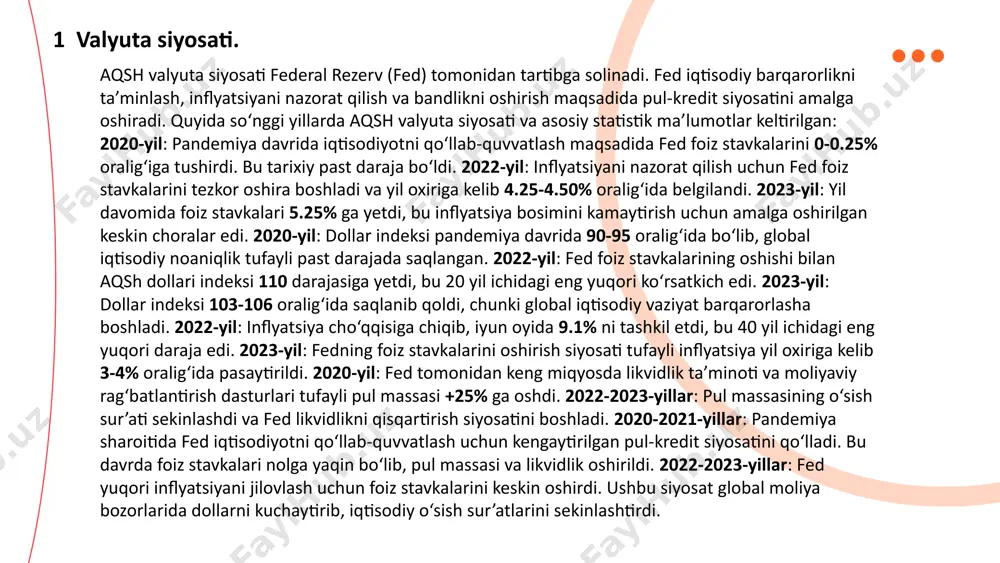 ing samarasini ko‘rsatdi. ... t.me/slaydai_bot to‘lov balansi mamlakatning boshqa davlatlar bilan olib borgan iqtisodiy operatsiyalari, xususan, eksport, import, investitsiyalar va boshqa moliyaviy oqimlar bo‘yicha balansini ifodalaydi. aqsh to‘lov balansida savdo balansi (tovar va xizmatlar) hamda kapital oqimlari asosiy tarkibiy qismlardir. quyida oxirgi yillardagi statistik ma’lumotlar foiz va sonlar bilan taqdim etilgan. asosiy eksport mahsulotlari: samolyotlar, qishloq xo‘jaligi mahsulotlari, avtomobil qismlari va texnologiya. aqsh tovarlar bo‘yicha tanqislikni xizmatlar bo‘yicha ortiqcha bilan qisman muvozanatlashtiradi. asosiy sohalar: sayyohlik, intellektual mulk huquqlari, moliyaviy xizmatlar. xizmatlar bo‘yicha sof ortiqcha: +$288 milliard 2020-yil: to‘lov balansining joriy hisobi -$647 milliard (yalpi ichki mahsulotning 3.1% i). 2021-yil: to‘lov balansining joriy hisobi -$821 milliard (yimning 3.6% i). 2022-yil: to‘lov balansining joriy hisobi -$943 milliard (yimning 3.7% i). 3 to‘lov balansi. ... t.me/slaydai_bot aqsh fond bozori dunyodagi eng yirik va faol bozorlar qatoriga kiradi. uning asosiy ko‘rsatkichlari, jumladan, kapitalizatsiya, savdo hajmi, va indekslarning dinamikasi, global iqtisodiyotga kuchli ta’sir ko‘rsatadi. quyida …