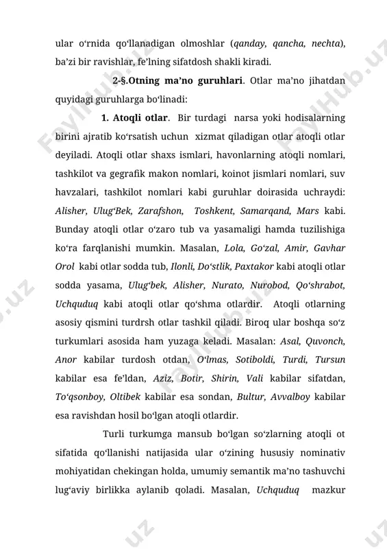 ik kategoriyasi; 3) kelishik kategoriyasi. otlar nutqda doimo grammatik son va kelishik kategoriyasida bo‘ladi. masalan, kitob - birlik sonda va bosh kelishikdagi ot. egalik kategoriyasi esa otning grammatik shakllanishida har doim ham ishlatilmaydi. otlarning birlik va ko‘plik shakllari va shu shakllarni ifodolovchi vositalar son kategoriyasini tashkil etadi. birlikdagi otlar bir jinsdagi narsalarning bittasini anglatadi va ular grammatik son ko‘rsatgichga ega bo‘lmaydi. masalan: kitob, olma, qalam kabi. birlik sondagi otlar egalik ( kitobim, kitobimiz), kelishik (kitobdan, kitobning) kategoriyasiga xos qo‘shimchalar bilan qo‘llanganda ham o‘z grammatik mohiyatini yo‘qotmaydi, ya’ni birlik hisoblanaveradi. otlarning ko‘plik shakli maxsus grammatik vosita - lar orqali ifodalanadi va bir turdagi narsaning noaniq miqdorini bildiradi. grammatik ko‘plik hosil qiluvchi –lar otlardagi lug‘aviy shakl yasovchi affiks hisoblanadi. grammatk son ma’nosini ifodalashning bu usuli morfologik usul deb yuritiladi. masalan: kitob - kitoblar, qalam - qalamlar. otlarning birlik va ko‘plik shaklda ishlatilishi, asosan, sanaladigan va aniq turdosh otlarga xosdir. biroq juft turdosh …