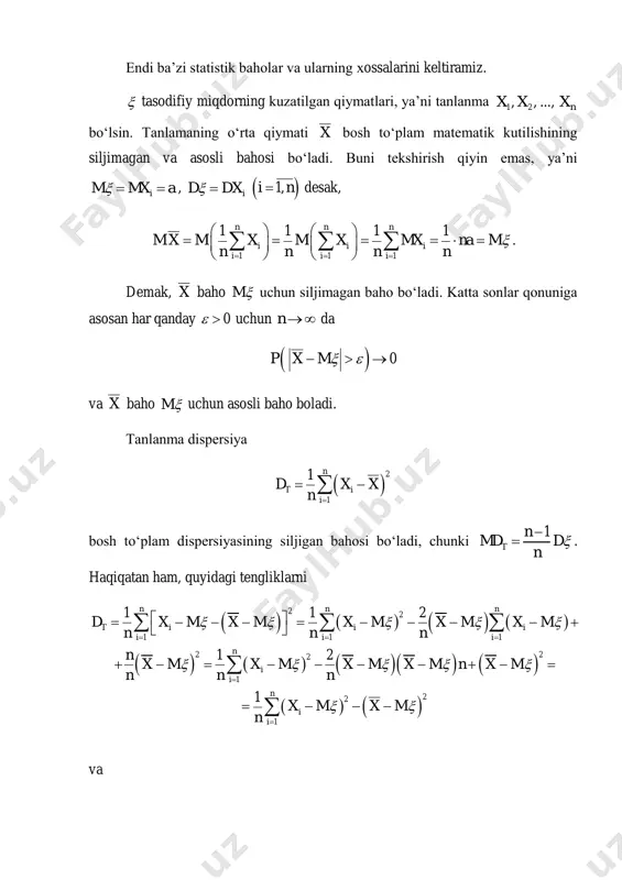 n va asosli baho bo‘ladi. mavzu yuzasidan savollar 1. qanday statistik baho asosli baho deyiladi 2. statistik baho tushunchasi. 3. statistik baholaning qanday xossalari bor? foydalaniladigan adabiyotlar ro‘yxati 1. ш.қ.форманов “эҳтимолликлар назарияси”, тошкент “университет” 2014 й. 2. ross, sheldonм. a first course in probability. pearson education, inc. 2010. 3. с.ҳ.сирожиддинов, м.маматов «эҳтимоллар назарияси ва математик статистика», тошкент, «ўқитувчи», 1980 й. 4. robert b. ash basic probability theory. dover publications, inc. 2008. 5. ross, sheldon м. a first course in probability. pearson education, inc. 2010. 6. ивченко г.и., медведев ю.и. введение в математическую статистику. м.: лки. 2010. 7. боровков а.а. “математическая статистика”, москва “лань” 2010 г. стр 705. 8. а.а.абдушукуров, т.а.азларов, а.а.джамирзаев «эҳтимоллар назариясива математик статистикадан мисол ва масалалар тўплами» тошкент, «университет», 2003 й.