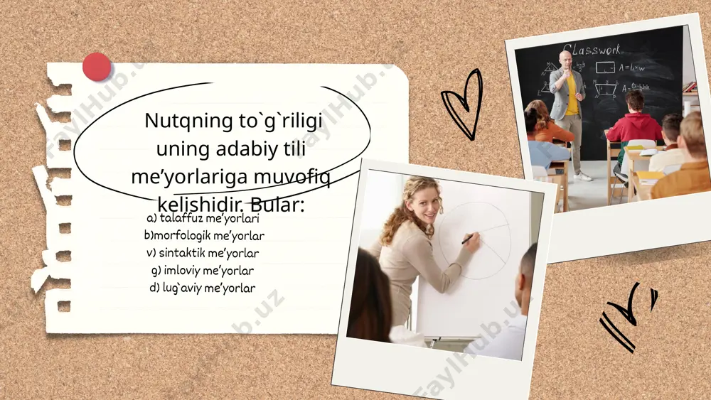 a xalqaro ilmiy aloqalar nihoyatda ravnaq topdi. ayni til hodisasi bir necha atama bilan izohlanadigan holatlar nihoyatda ko`paydi. aniqlik nutqning muhim fazilatlaridan biri sifatida qadimdan ma’lum. g`arb mutafakkirlari ham, sharq olimlari ham aniqlikni nutq sifatlarining birinchi sharti hisoblanganlar. aristotel “agar nutq noaniq bo`lsa, u maqsadga erishmaydi” degan bo`lsa, kaykovus: “ey, farzand, so`zning yuz va orqa tomonini bilgin. ularga rioya qilgan, so`zlaganda ma’noli gapir, notiqlikning alomatidir”. nutqning aniqligi ko`chma ma’noli so`zlarni o`rinli qo`llash; ko`chma ma’noli so`zlarni o`rinli qo`llash; sinonimlardan to'g'ri iboralarni to`g`ri qo`llash; antonimlardan to'g'ri 1 6 5 2 3 4 so`zning ko`p ma’noliligiga jiddiy e’tibor berish, ko`p ma’noni soz nutqda qo`llanganda o`zining qaysi ma’noda ishlatilayotganligini aniq tasavvur qilish, fikr yuzaga chiqishida bu so`zning boshqa ma’no qirralari mon’elik qilish-qilmasligini ko`z oldiga keltirish; omonimlarning xususiyatlarini adabiy normadagi ifodalar bilan yetkazishidir grammatik kategoriyalarni qo`llanilishidagi bir xilligi, barqarorligi bilan umumo`zbek harakatlarida bo`ladi. shevalardan ustun turadi “nutqning aniqligi so`zning narsa va hodisalardan aks etgan borliq …