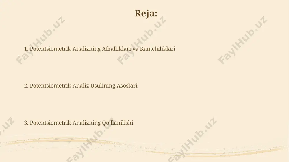 sh imkonini beradi. potensiometrik titrlashda indikatorlar kerak emas, bu esa titrlash nuqtasini aniqroq va ob’ektivroq aniqlashga yordam beradi va xatoliklarni kamaytiradi. standart qo'shimcha usul standart qo'shimcha usulida titrlash jarayonida potensialning o'zgarishi aniq ekvivalentlik nuqtasini aniqlash imkonini beradi, bu esa 0,1% dan kam xatolik bilan tahlil natijalarining yuqori aniqligini ta'minlaydi. ushbu usulda standart eritmaning aniq hajmini qo'shish orqali, masalan, 0,01m hcl eritmasi bilan, noma'lum konsentratsiyali ishqorli eritmaning konsentratsiyasi aniqlanadi. xulosa va tavsiyalar potensiometrik analizning aniqligi 0,1 mv gacha yetishi mumkin, bu esa ph ni 0,006 birlikgacha aniq o'lchash imkonini beradi va natijalarni ishonchliligiga ta'sir qiladi. potensiometrik titrlash usulida 3-5 ta o'lchash o'tkazish tavsiya etiladi, bu esa o'rtacha qiymatni aniqlash va tasodifiy xatolarni kamaytirishga yordam beradi. elektrodlardagi potensial hosil bo'lishi elektrod materialining standart elektrod potensiali va eritmadagi ionlar konsentrasiyasi o'rtasidagi bog'liqlik potensial hosil bo'lishining asosiy omili hisoblanadi, masalan, 25°c da. elektrodlar yuzasida ionlarning differentsial taqsimlanishi natijasida, nernst tenglamasiga muvofiq, 59 mv/n ga …