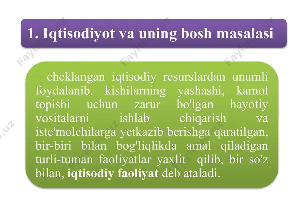 arning harakati bo'yicha takror ishlab chiqarish quyidagi fazalar birligidan iboratdir: ishlab chiqarish jarayoni; taqsimlash jarayoni; ayirboshlash jarayoni; iste'mol qilish jarayoni. ishlab chiqarish – kishilik jamiyatining mavjud bo'lishi va rivojlanishi uchun zarur bo'lgan hayotiy ne'matlarni yaratish jarayoni. barcha tovar va xizmatlar ishlab chiqarish jarayonida yaratilishi sababli, u takror ishlab chiqarishning eng asosiy va boshlang'ich fazasi hisoblanadi. agar ishlab chiqarilmasa, taqsimlanadigan, ayirboshlanadigan va nihoyat, iste'mol qilinadigan narsalar bo'lmaydi. taqsimot – ishlab chiqarish omillari va uning natijalarini iqtisodiyotning turli qism va sub'ektlari o'rtasida taqsimlash jarayoni. bu bosqichda, eng avvalo, ishlab chiqarish vositalari, kapital, ishchi kuchi va boshqa resurslar turli tarmoqlar, sohalar, hududlar va nihoyat, korxonalar o'rtasida taqsimlanadi. bundan tashqari, ishlab chiqarish natijasi bo'lgan tovar va xizmatlar, ularning pul holidagi ko'rinishi bo'lgan daromadlar ham taqsimlanadi. ayirboshlash – jamiyat a'zolarining iqtisodiy faoliyat turlari yoki ishlab chiqarish natijalari bo'yicha ma'lum bir o'lcham (masalan, qiymat miqdori) asosida o'zaro almashish jarayoni. mehnat taqsimoti natijasida ayrim guruh kishilar tovar …