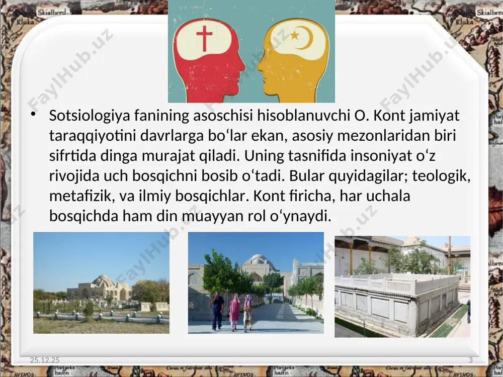 inning jamiyat taraqqiyotidagi o‘rnini o‘rganish, uning atrofidagi muammolar yechimini topish dolzarb vazifalardan sanaladi. din, jumladan, islom dini huquqiy-demokratik davlat, fuqarolik jamiyati barpo etish jarayonida qanday o‘rin tutadi? mohiyatiga ko‘ra taraqqiyparvar bo‘lgan islom dini halqning ma’naviy hayotini boyitishda qanday vazifalarni bajaradi? albatta, bu kabi savollarga javob topish islomshunoslik nuqtai nazaridan aniq tadqiqotlarni talab qiladi. xulosa shunday qilib din sotsiologiyasi ijtimoiy fikrda din atamasi bilan bog‘liq bo‘lgan barcha ijtimoiy jarayonlar va ijtimoiy xulqni o‘rganadi. mustaqil o‘zbekistonda dinga milliy qadriyat sifatida qaralishi xalq ongida ushbu hodisaga nisbatan to‘g‘ri xolis munosabatning shakllanishiga zamin bo‘ldi. bu boradagi yoshlar va fikr tarbiyasining asosiy yo‘nalishi ham silom diniga xos bo‘lgan insoniparvarlik tamoyillarini ongga singdirib borishni taqozo etadi.
