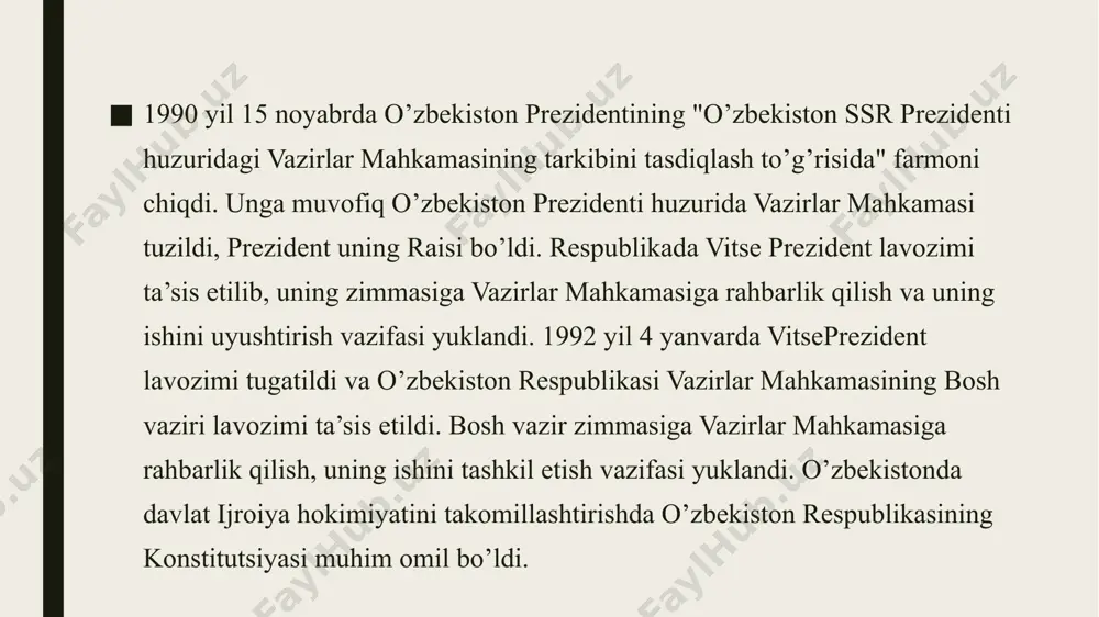 i; iqtisodiyotning, ijtimoiy va ma’nayiy sohalarning samarali faoliyatiga rahbarlik qiladi; o’zbekiston respublikasi qonunlari, oliy majlis qarorlari prezident farmonlari, qarorlari va farmoyishlari ijrosini ta’minlaydi; barcha organlar, korxonalar, muassasalar, tashkilotlar, mansabdor shaxslar va fuqarolar tomonidan bajarilishi majburiy bo’lgan qarorlar va farmoyishlar chiqaradi. islohotlar jarayonida vazirlar mahkamasining tarkibi tobora takomillashib, qisqartirib borildi. agar 1990 yil 30 martda respublika ijroiya hokimiyati 41 kishidan iborat etib tuzilgan bo’lsa, 1995 yil 5 mayda vazirlar mahkamasi 35 kishidan iborat etib tuzildi. 2000 yil 11 fevralda bo’lgan ikkinchi chaqiriq o’zbekiston respublikasining oliy majlisi prezident tavsiyasiga ko’ra vazirlar mahkamasi tarkibini 34 kishidan bosh vazir, bosh vazirning birinchi o’rinbosari, 8 nafar bosh vazir o’rinbosarlari, 15 nafar vazir va 9 nafar davlat qo’mitalari raislaridan iborat etib tasdiqladi. 2003 yil 2425 arrel kunlari bo’lib o’tgan o’zbekiston respublikasi oliy majlisining xi sessiyasida qabul qilingan "o’zbekiston respublikasining konstitutsiyasiga o’zgartishlar" va qo’shimchalar kiritish to’g’risida"gi qonunga muvofiq vazirlar mahkamasining tarkibi, uni tuzish va tasdiqlash tartibi o’zgartirildi. …