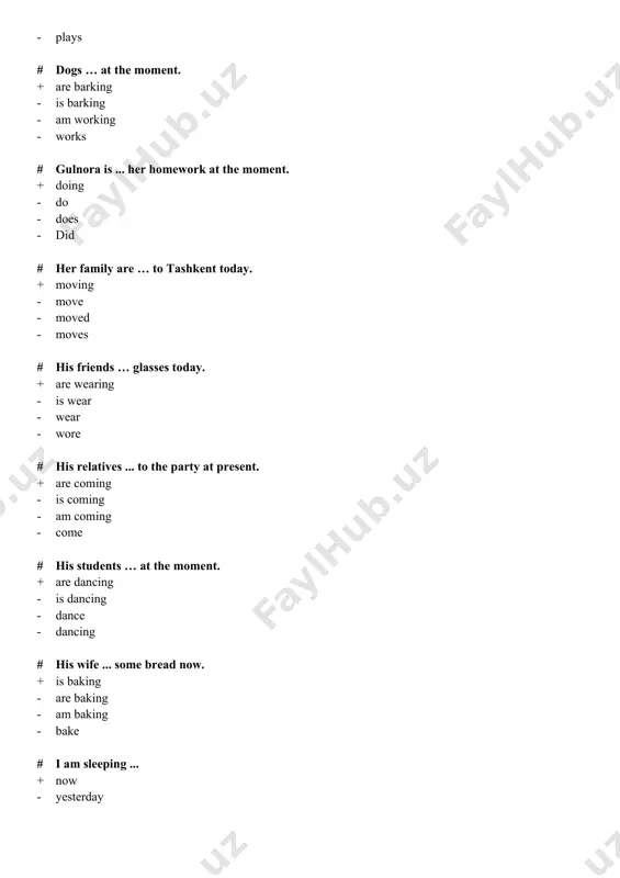 ose the pronoun. + she - go - visit - small # choose the adjective. + small - i - go - lately # find uncountable nouns + sugar, hair - books, teacher - notebook, desk - salt, books # kamola washes….. hands. + her - his - him - their # choose singular nouns. + word, book - men, women - oxen, book - wolves, book # find the correct signal word of future simple. + tomorrow - usually - everly - always # tom …. go to tashkent tomorrow. + will - have - do - does # carol _____ hard for her exam last week + didn’t study - don’t study - aren’t study - study # last spring it….a lot. + rained - rain - rains - raining # you and madina …at the street a day ago. + walked - walk - walking - walks …