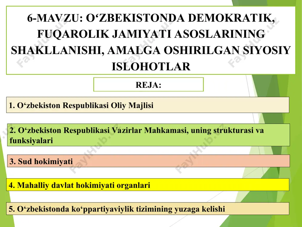 asdiqlash to‘g‘risida»gi farmoni qabul qilindi. unga muvofiq ravishda o‘zbekiston prezidenti huzurida vazirlar mahkamasi tuzildi o‘zbekistonda bosh vazir maqomiga teng vitse-prezidentlik lavozimida shukrullo mirsaidov (1990–1992) abdulhoshim mutalov (1992–1995) oʻtkir sultonov (1995–2003) shavkat mirziyoyev (2003–2016) 2016-yil 14-dekabrdan abdulla aripov bosh vazir etib tasdiqlangan bosh vazir lavozimida 1990-yildan prezident uning raisi bo‘ldi. respublikada vitse-prezident lavozimi ta’sis etilib, uning zimmasiga vazirlar mahkamasiga rahbarlik qilish va uning ishini uyushtirish vazifasi yuklandi 1992-yil 4-yanvarda vitse-prezident lavozimi tugatildi va o‘zbekiston respublikasining bosh vaziri lavozimi ta’sis etildi. bosh vazir zimmasiga vitse-prezident vakolatlari berildi 2003-yil o‘zbekiston respublikasi konstitutsiyasi 89-moddasining «o‘zbekiston respublikasi prezidenti ayni vaqtda vazirlar mahkamasining raisi hisoblanadi» degan ikkinchi qismi olib tashlandi. o‘zbekiston hukumati – vazirlar mahkamasiga bosh vazir rahbarlik qiladi vazirlar mahkamasiga oid muhim sanalar 1992-2003-yillarda vazirlar mahkamasi tuzilishi vazirlar mahkamasi raisi – prezident bosh vazir bosh vazirning birinchi o‘rinbosari bosh vazir o‘rinbosarlari davlat qo‘mita lari raislari vazirlar qoraqalpogʻiston respublikasi vk raisi davlat va xoʻjalik boshqaruvi boshqa …