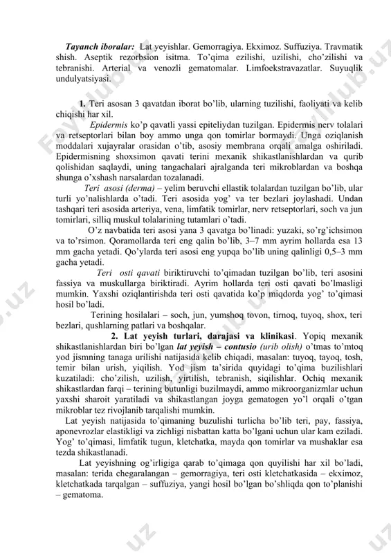 stlanishlardan biri bo’lgan lat yeyish – contusio (urib olish) o’tmas to’mtoq yod jismning tanaga urilishi natijasida kelib chiqadi, masalan: tuyoq, tayoq, tosh, temir bilan urish, yiqilish. yod jism ta’sirida quyidagi to’qima buzilishlari kuzatiladi: cho’zilish, uzilish, yirtilish, tebranish, siqilishlar. ochiq mexanik shikastlardan farqi – terining butunligi buzilmaydi, ammo mikroorganizmlar uchun yaxshi sharoit yaratiladi va shikastlangan joyga gematogen yo’l orqali o’tgan mikroblar tez rivojlanib tarqalishi mumkin. lat yeyish natijasida to’qimaning buzulishi turlicha bo’lib teri, pay, fassiya, aponevrozlar elastikligi va zichligi nisbattan katta bo’lgani uchun ular kam eziladi. yog’ to’qimasi, limfatik tugun, kletchatka, mayda qon tomirlar va mushaklar esa tezda shikastlanadi. lat yeyishning og’irligiga qarab to’qimaga qon quyilishi har xil bo’ladi, masalan: terida chegaralangan – gemorragiya, teri osti kletchatkasida – ekximoz, kletchatkada tarqalgan – suffuziya, yangi hosil bo’lgan bo’shliqda qon to’planishi – gematoma. shikast atrofida keyinchalik qon tomirlar kengayib, to’qimalar serozli ekssudat bilan shimiladi va infiltrat hosil bo’ladi. vaqt o’tishi bilan qon va …