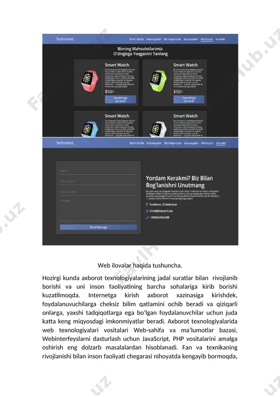 b-server. web-sahifa – o‘zining unikal manziliga ega bo‘lgan va maxsus ko‘rish dasturi yordamida (brauzer) ko‘riluvchi hujjatdir. unga matn, grafika, ovoz, video yoki animatsiya ma‘lumotlar birlashmasi - multimediyali hujjatlar, boshqa hujjatlarga gipermurojaatlar kirishi mumkin. web-sayt – bir qancha web-sahifalarning mantiqiy birlashmasi. web-server – tarmoqqa ulangan kompyuter yoki undagi dastur hisoblanib, umumiy resurslarni mijozga taqdim etish yoki ularni boshqarish vazifalarini bajaradi. web-serverlar ma‘lumotlar bazalari va multimediyali ma‘lumotlarni bir biriga moslashtiradi; web-serverda websahifa va web-saytlar saqlanadi. 1.1-rasm. web-texnologiya sinfsifikatsiyasi webtexnologiyalar internet texnologiyalar htm l css javascrip t brauzerlar xml dom seo tarmoq texnologiyalari dasturiy ta‘minot internet topologiya tarmoq xizmati marshrutizatorlar 13 biz internet tarmog‘idagi web-sahifalarni ko‘rishimiz uchun www (world wide web) deb ataluvchi internet xizmatdan foydalanamiz. world wide web (www, butun dunyo o‘rgimchak to‘ri) – bu mijoz-server texnologiyasi asosida tashkil etilgan, keng tarqalgan internet xizmatidir. web-texnologiyaning (internet-texnologiya) web-dizayn qismini o‘rganishni belgilili til tasnifi bilan boshlaymiz. bu til yordamida matnlar, grafik ma‘lumotlar web-sahifa hujjatga …