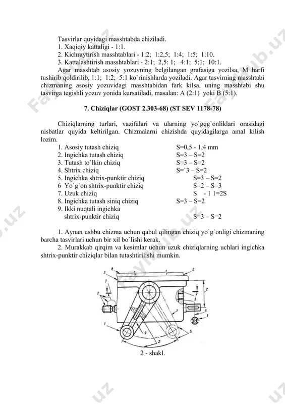 i uning balandligi (h) ga nisbatan olinadi, (2-jadvallar). 2. davlat standartida harf va raqamlarning quyidagi o`lchamlari belgilangan: (1,8); 2,5; 3,5; 5; 7; 10; 14; 20; 28; 40 a va b turidagi shriftlar, satr chizig`iga nisbatan75( qiyalatib yoki 90( burchak ostida yozilishi mumkin. 3. aniq shakldagi harflar olish uchun, ularni yordamchi turlar ustiga yozish kerak. tur chiziqlarining qadami a turidagi harflar uchun dq(1g`14)h, b turi uchun esa dq(1g`10)h nisbatlarda olinadi.harf va raqamlarning standart shakli 5-6 shakllarda va o`lchamlari 2-jadvallarda keltirilgan. 4. harf va sonlardagi murtaklar qatorlar orasidagi bo`sh joylar hisobiga quyiladi, (masalan, d, s, k, sh, `, x harflari va 4 raqam hamda u, y harflarining belgilari). 3-shakl. 4-shakl. 5. harf va sonlarning balandligi, tushda bajaraladigan chizmalar uchun kamida 2,5 mm va qalamda bajariladiganlari uchun esa kamida 3,5 mm bo`lishi kerak. 6. yozuvlar kichik harflar bilan yozilganda bosh harflar chizig`ining yo`g`onligi kichik harf chiziqlarining yo`g`onligiga teng, ya`ni 1=4; 1=10 h bo`lishi …