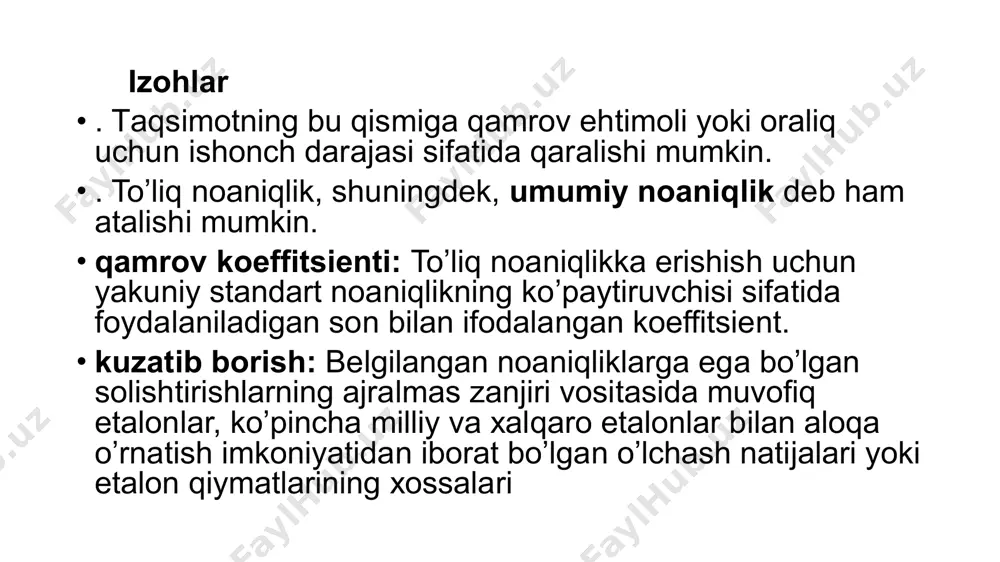 ш, занглаш, тозалик); -эталон эскирган ёки шикастланган, эталон хатоси; -нотўғри калибровкалаш ёки тўғри келмаган эталондан фойдаланиш; -ўлчаш воситасини сифатсизлиги (конструкция ёки тайёрлашдаги). -тўғри келмаган ўлчов воситасидан фойдаланиш; -ўлчаш методи (ўрнатиш, куч бериш, маҳкамлаш, методикадан фойдаланиш); -бошқа тавсифни ўлчаш; -ўзгармас катталиклардан нотўғри фойдаланиш; -ўлчовчини хатоси. селективлик/спецификлик – қандайдир ўлчаш усули аниқ ўлчаш параметрларига бир маънода жавоб берадиган даража. селективлик тадқиқотларида одатда мумкин бўлган ҳалал берувчи компонентлар таъсирини бу моддаларни бўш намуналарга ҳам, ишчи намуналарга ҳам қўшган ҳолда ва жавобни кузатган ҳолда ўрганилади. олинган натижалар одатда ҳақиқий ҳалал берувчи таъсирлар унчалик аҳамиятга эга эмаслигини кўрсатиш учун фойдаланилади. бундай тадқиқотларда бевосита жавоб ўзгариши аниқланганлиги учун бу маълумотлардан потенциал ҳалақитлар билан боғлиқ ноаниқликни баҳолаш учун фойдаланиш мумкин, бундан ташқари бунда ҳалақит берувчи моддалар концентрациялари диапазони ҳақида ахборот олинади. такрорланиш/яқинлик -repeatability-повторяемость) бир ҳил шароитда ўлчанган ўлчаш натижаларининг бир-бирини такрорланиши кўрсатадиган ўлчаш сифати. такрорланиш/яқинлик -бир ўлчаш воситасидан, бир назоратчини бир неча бор, бир тавсифни ва ушбу …