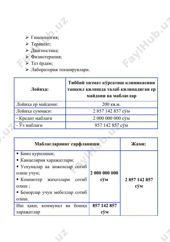 4 сув ва оқава-сув харажатлари 5 000 000 5 чиқинди харажатлари 4 000 000 жами: 4 061 000 000 штат жадвали ва иш хақи харажатлари сўмда № лавозими сони битта штат ойлик иш хақиси умумий штат ойлик иш хақиси жами бир йиллик иш хақи 1 директор 1 5 000 000 5 000 000 60 000 000 2 бухгалтер 1 3 000 000 3 000 000 36 000 000 3 малкали шифокор 10 4 000 000 40 000 000 480 000 000 4 ҳамширалар 10 2 500 000 25 000 000 300 000 000 5 қабулхона ходими 2 2 000 000 4 000 000 48 000 000 6 фаррош 4 1 500 000 6 000 000 72 000 000 7 қўриқчи 2 1 500 000 3 000 000 36 000 000 жами: 30 19 500 000 86 000 000 1 032 000 000 молиявий ҳисобот сўмда молиялаштириш манбалари ўз маблағи кредит …