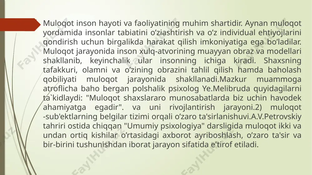 akli – bu so‘zlovchining nutqi, tinglovchining nutqi esa sust shaklda namoyon bo‘ladi. gap shundaki, tinglayotganimizda tashqaridan unchalik sezilmasada, ichimizda so‘zlovchining so‘zlarini takrorlaymiz. odamlar faol va sust nutq shakllarining rivojlanish darajasiga ko‘ra ajratiladilar. ko‘pincha odam boshqa odamning nutqini yaxshi tushunadi, lekin o‘zining fikrlarini etkazib berolmaydi. va, aksincha, odam etarlicha yaxshi so‘zlab berishi mumkin, lekin boshqalarni tinglashni umuman bilmaydi. nutqning boshqa turi yozma nutq hisoblanadi. yozma va og‘zaki nutqlar o‘rtasida psixologik tafovutlar mavjud. og‘zaki nutqning yozma nutqdan farqlaridan biri og‘zaki nutqda so‘zlarning qat’iy ravishda ketma-ket kelishi, bir so‘z talaffuz etilganida undan oldin kelgan so‘z na so‘zlovchi va na tinglovchi tomonidan idrok qilinmasligidan iborat. nutqning yana bir – kinestetik shakli mavjud. nutqning bu turi insonda o‘tmish davrlardan buyon saqlanib qolgan. vaqt o‘tishi bilan nutqning ushbu turi o‘z vazifalarini yo‘qotgan va hozirda asosan nutqning emotsional-ifodali tarkibiy qismlari – imo-ishoralar sifatida qo‘llaniladi. inson muloqotda shakllanadi, rivojlanadi va shaxs sifatida namoyon bo‘ladi. ijtimoiy muloqotda ruhiyat taraqqiy …