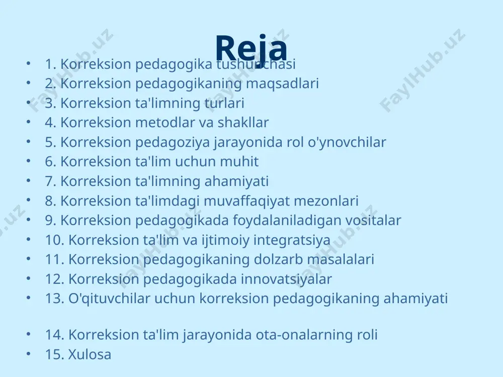 arning jamiyat bilan integratsiyasini ta'minlash, o'zaro munosabatlarni yaxshilash va ijtimoiy axloqiy qadriyatlarni o'rgatishga qaratilgan. korreksion metodlar va shakllar korreksion pedagogikada foydalaniladigan metodlar turli xil bo'lishi mumkin. bular orasida individual ta'lim, guruh ishlari va turli o'yinlar haqida gapirish mumkin. ushbu metodlar orqali bolalarning qobiliyatlari va iste'dodlari yaxshilanadi. metodlar, shuningdek, aktiv va passiv ta'lim shakllariga bo'linadi. aktiv ta'lim jarayonida bolalar mustaqil ravishda ishlaydi, passiv ta'limda esa o'qituvchi boshqaruv o'rnida bo'ladi. korreksion pedagoziya jarayonida rol o'ynovchilar korreksion pedagogiko jarayonida o'qituvching roli muhim ahamiyatga ega. u bolalar bilan ishlashda ularning individual xususiyatlarini hisobga olib, maxsus dasturlarni amalga oshiradi. shuningdek, psikologlar, ijtimoiy xodimlar va ota-onalar ham muhim rol o'ynaydi. ushbu mutaxassislar birgalikda ishlash orqali bolalarning muammolarini hal qilishda samarali natijalarga erishishadi. korreksion ta'lim uchun muhit korreksion ta'lim muhitining o'ziga xosligi mavjud. bu muhitda bolalarning qulayligi, xotirjamligi va ishonchi ta'minlanishi zarur. ijtimoiy muhit ham ahamiyatga ega, chunki bolalar o'zlarini o'rta muhitda qanday his qilsa, ularning rivojlanishi …