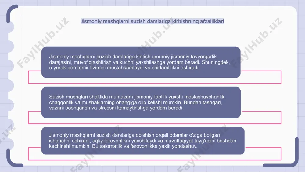 a mashg'ulotlar muhim ahamiyatga ega. badanni to'g'ri tekislash, nafas olishni nazorat qilish va insult mexanikasi kabi usullarga e'tibor qarating. kuch-quvvat mashqlarini kiritish suzuvchilarga kuch va chidamlilikni rivojlantirishga yordam beradi. muayyan mushak guruhlarini nishonga olish uchun qarshilik bantlari, og'irliklar va tana vazni mashqlaridan foydalaning. suzishni o'rgatishda izchillik muhim ahamiyatga ega. strukturaviy mashqlar tartibini yarating va unga rioya qiling. maqsadlar qo'ying, taraqqiyotni kuzatib boring va hovuzdagi ish faoliyatini yaxshilash uchun doimo o'zingizni harakatga keltiring. e'tiboringiz uchun rahmat