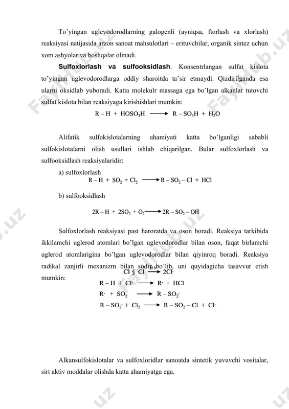 ’siridagi reaksiyasi portlash bilan ketadi. to’yingan uglevodorodlarni yorug’lik ta’sirida (foto kimyoviy) xlorlash reaksiyasi radikal zanjirli mexanizm bilan borishi isbotlangan. n.n. semenov metanni xlorlash reaksiyasi mexanizmi quyidagicha borishini tavsiya etgan: bromlash reaksiyasi xlorlashga qaraganda oson va maqsadga muvofiq yo’nalishda boradi. masalan, 2-metilpropanni fotokimyoviy xlorlash va bromlash reaksiyalarini taqqoslaydigan bo’lsak: to’yingan uglevodorodlarni katalizatorlar – lyuisning protonsiz kislotalari (alcl3, fecl3, zncl2 va x.k.) ishtirokida xlorlash zanjirli ion mexanizmi bo’yicha sodir bo’ladi: to’yingan uglevodorodlarning galogenli (ayniqsa, ftorlash va xlorlash) reaksiyasi natijasida arzon sanoat mahsulotlari – erituvchilar, organik sintez uchun xom ashyolar va boshqalar olinadi. sulfoxlorlash va sulfooksidlash. konsentrlangan sulfat kislota to’yingan uglevodorodlarga oddiy sharoitda ta’sir etmaydi. qizdirilganda esa ularni oksidlab yuboradi. katta molekulr massaga ega bo’lgan alkanlar tutovchi sulfat kislota bilan reaksiyaga kirishishlari mumkin: alifatik sulfokislotalarning ahamiyati katta bo’lganligi sababli sulfokislotalarni olish usullari ishlab chiqarilgan. bular sulfoxlorlash va sulfooksidlash reaksiyalaridir: a) sulfoxlorlash b) sulfooksidlash sulfoxlorlash reaksiyasi past haroratda va oson boradi. reaksiya tarkibida ikkilamchi …