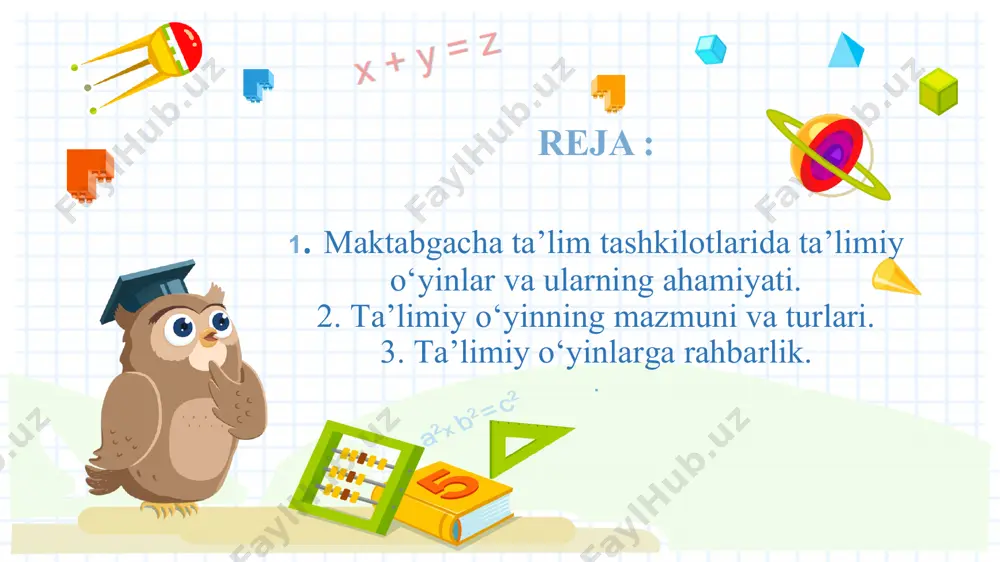 hi o‘yin usulidir. bu o‘yin turiga a) loto; b) juft rasmlar; d) domino; e) labirint kiradi. ta’limiy o‘yinning mazmuni mehnatning har xil turi va uning kishilar hayotidagi roli buyumlar ularning nomi,rangi,shakli,xajmi,sifati,va ishlatilishi to‘g‘risida bilimlar berish tabiat voqealari, narsalar, buyumlar, yil fasllari dastlabki matematik tushunchalar: son, sanoq, kattalik, ta’limiy o'yinlar ularning ta'lim-tarbiyaviy vazifasi, mazmuni, turli bolalar bog'chasining ta'lim-tarbiya dasturida har bir yosh guruhlar ajratib berilgan. dasturda har bir yosh guruhning o'ziga xos ruhiy-fiziologik xususiyatlarini e’tiborga olgan holda ta’limiy o'yinning tutgan o'rni va vazifasi, mazmuni, o'tkazish uslublari belgilab berilgan. masalan, kichik yoshdagi bo'lgan bolalar bilan o'tkaziladigan ta’limiy o'yinlardan asosiy maqsad - bolalarni ranglarni birbiridan farqlash va nomini aytishga o'rgatish, har xil o'lchamlar (katta, kichik}, shakllarni (sharcha, kubcha], bilishga, ko'rib va eshitib idrok etish, diqqatni, mayda harakatlarni o'stirishga yordam beradi. masalan, "juft kartochkalar” "kattalar va kichkinalar”, "qo'g'irchoqni sayrga olib chiqish uchun kiyintiramiz", “qo'g'irchoqni cho'miltiramiz", "bu nimaning ovozi?", "xaltachada nima bor?” va shunga o'xshash …
