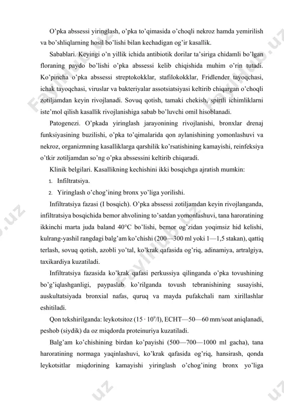 peshob (siydik) da oz miqdorda proteinuriya kuzatiladi. balg’am ko’chishining birdan ko’payishi (500—700—1000 ml gacha), tana haroratining normaga yaqinlashuvi, ko’krak qafasida og’riq, hansirash, qonda leykotsitlar miqdorining kamayishi yiringlash o’chog’ining bronx yo’liga yorilganligidan va bronxlar drenaj funksiyasining tiklanganligidan, kasallik ii bosqichga o’tganligidan darak beradi. balg’am 2 yoki 3 qavatli bo’lib, 1- qavati ko’pikli, 2- qavati sariq yiringli, 3- qavati har xil mayda elementlardan iborat bo’ladi. kasallik ii bosqichining klinik ko’rinishi kasallikning qanday kechishiga bog’liq bo’ladi. kasallikning 15—20- kuniga kelib yo’tal va balg’am ko’chishi kamayib, zaharlanish belgilari yo’qolsa, bemor sog’aygan, bemor ahvoli sezilarli yaxhshilanib, o’pkada yupqa qobiq bilan o’ralgan kovak hosil bo’lsa, kasallik surunkali turga aylangan hisoblanadi. bemorni rentgenologik yo’l bilan tekshirish kasallikning infiltratsiya bosqichida o’pkaning zararlangan qismida qorayish borligini, ikkinchi bosqichda infiltratsiyaning kamayishi va o’pkada bir yoki bir nechta kovakchalar hosil bo’lganligini ko’rsatadi, kovakchalarda gorizontal holatdagi suyuqlik borligi ko’rinadi. kasallikning ii bosqichida, agar bemor sog’aygan bo’lsa, o’pkada bo’shliqlarning yo’qolganligi ko’rinadi. o’pka abssessi …