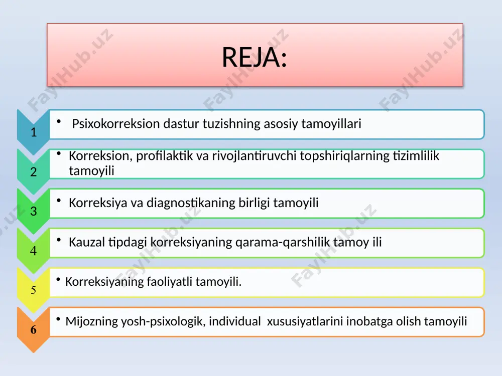 ish tamoyili. 11. berilayotgan materialning hajmi va murakkablilik darajasini hisobga olish tamoyili. 12. materialning emotsional murakkabligini inobatga olish tamoyili. 2.korreksion, profilaktik va rivojlantiruvchi topshiriqlarning tizimlilik tamoyili bu tamoyil har qanday korreksion ishda 3 ko‘rinishdagi masala mavjudligini ta’kidlaydi, ya’ni korreksion, profilaktik va rivojlantiruvchi. korreksion rivojlantiruvchi dastur 3 ta vazifani bajarishi lozim -korreksion buzilish va ortda qolishni tuzatish. profilaktik - buzilish va ortda qolishni oldindan aniqlash. - rivojlantiruvchi - taraqqiyot mazmunini boyitish, optimallashtirishga qaratilganlik. ! shu 3 ta dasturlarning birgalikda olib borilishi kutilgan natijalami berishi mumkin. 3. korreksiya va diagnostikaning birligi tamoyili korreksion faoliyat samaradorligining to‘qson foizi avval amalga oshirilgan psixologik diagnostika jarayonining chuqurligi, jiddiyligi bilan belgilanadi. ushbu tamoyil mohiyati i.v. dubrovina, d.b. elkonin va boshqalarning asarlarida batafsil yoritib berilgan psixokorreksiyalovchi ta’siming asosiy quroli sifatida psixolog ilgari suriladi, korreksion jarayon psixolog-mijoz juftligida kechadi. mazkur jarayonni aks ettiruvchi to‘rtta asosiy strategiya mavjud vaziyatni o`zgartirish vaziyatni o`zgartirish uchun o`zini o`zgartirish vaziyatdan chiqib ketish mazkur …