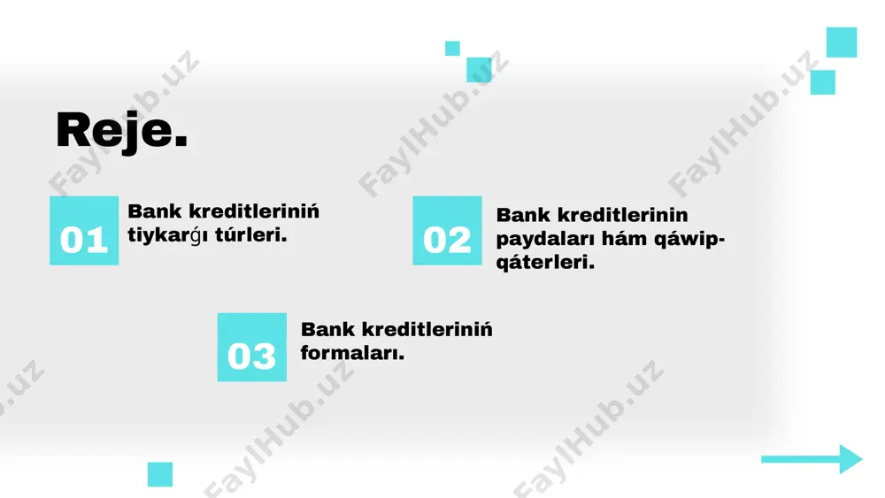 mmerciyalıq kreditler kompaniyanıń biznes rejesine hám finanslıq jaģdayına qarap beriledi. bank kreditleri, ekonomikalıq sistemada áhmiyetli orın tutqan finanslıq qurallardan biri. olar jeke hám kommerciyalıq mútájliklerdi qanaatlandırıw, investiciyalardı ámelge asırıw hám rawajlanıw ushın zárúr bolǵan qarjını usınadı. bank kreditleri túrli túrlerge hám formalarǵa bólinedi, hár biri óziniń ózine tán ózgeshelikleri hám shártlerine iye. tutınıw krediti - bankler tárepinen jeke mútájlikler ushin beriletuģın kreditler túri. bul túrdegi kreditler, ádette, turaq jay, avtomobil, bilimlendiriw yamasa densawlıqtı saqlaw sıyaqlı maqsetler ushın qollanıladı. tutınıw kreditleri kóbinese qısqa múddetli boladı hám qarızdardan támiynat talap etilmewi múmkin. bul kreditler fizikalıq tárepler tárepinen alınadı hám ápiwayı shártler menen qaytarıladı. ipoteka krediti bolsa kóshpes múlk satıp aliw ushin beriletuģın kredit esaplanadı. bul kredit túriniń ózine tán ózgesheligi, oniń uzaq múddetli hám úlken muǵdarda boliwi. ipoteka krediti kóbinese girewge qoyilgan múlk tiykarında beriledi. ipoteka kreditleri, sonday-aq, tómen procent stavkaları hám uzaq múddetlerge ie bolıwı menen ajıralıp turadı, biraq girew talap …