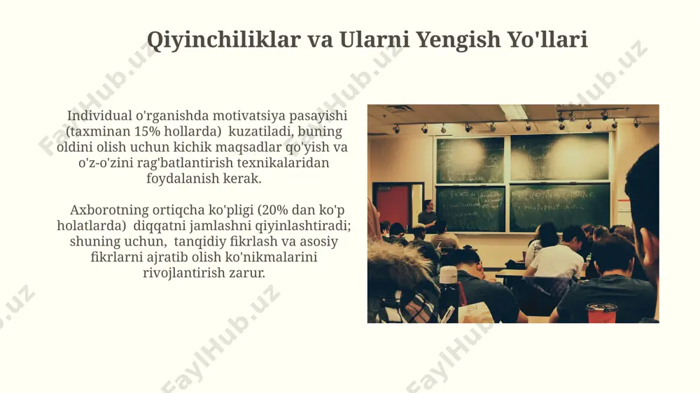 babli, maqsadlarga erishishda qiyinchiliklarga duch kelishlari mumkin. o'z-o'zini baholash va monitoring o'z-o'zini baholashda 5 balldan iborat shkala yordamida o'z bilimlarini 20% aniqlik bilan baholash ko'nikmasini rivojlantirish, o'rganish jarayonini 3 bosqichga bo'lish orqali amalga oshiriladi. o'z-o'zini baholash va monitoring natijalarini tahlil qilish orqali 70% hollarda o'qitish strategiyasini individual ehtiyojlarga moslashtirish mumkin, bu esa o'rganish samaradorligini oshiradi. xulosa индивидуал ўрганишнинг 5 та асосий турини таҳлил қилиб, уларнинг ҳар бирининг самарадорлигини баҳолаш орқали, энг самаралисини аниқлаш ва келгуси дастурларда қўллаш мумкин. индивидуал ўрганишга асосланган 3 та асосий усулнинг самарадорлигини таҳлил қилиш орқали, ўртача 25% гача дастурни ўзлаштириш тезлигини ошириш мумкинлиги аниқланди. o'qituvchi rolining o'zgarishi samarali individual o'qitish uchun o'qituvchi kamida 5 xil o'quv uslublarini va 2 xil baholash metodikasiini qo'llay olish malakalariga ega bo'lishi kerak. o'qituvchi, an'anaviy ma'ruza uslubidan farqli ravishda, 30% vaqtdan kamroq vaqtni tushuntirishga, 70% dan ko'prog'ini esa individual yordam va baholashga sarflaydi. texnologiyalardan foydalanish технологиялардан фойдаланиш орқали ўқувчиларга 10 тадан …