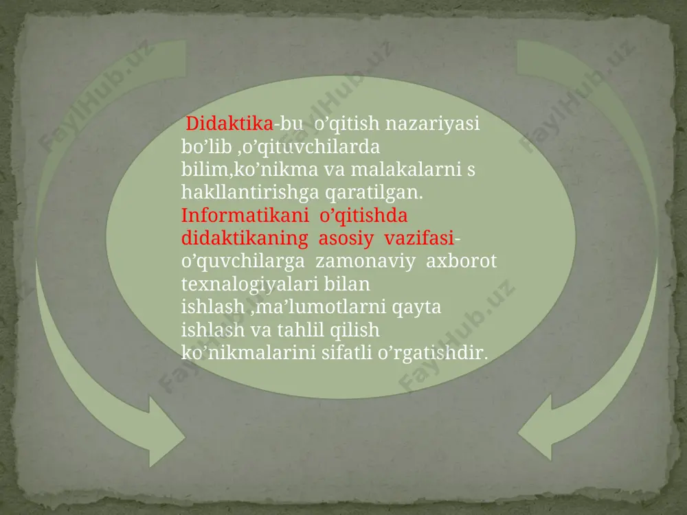 ktivizmni, jamoaga kirishib keta olishni, kommunikativlikni tarbiyalashga qaratilgan bo‘ladi. xulosa mazkur kurs ishi informatika fanini o'qitishning didaktik asoslari, ta'lim jarayonida samarali metodlar va yondashuvlar, shuningdek, o'quvchilarning intellektual salohiyatini rivojlantirishga oid muhim masalalar ko'rib chiqildi. tadqiqotda informatika fanining o'ziga xos xususiyatlari, o'quvchilarning yoshiga va individual xususiyatlariga mos o'quv materiallarini tanlash, zamonaviy axborot texnologiyalaridan foydalanishning ahamiyati tahlil qilindi. informatika fanini o'qitishda faqat nazariy bilimlar bilan cheklanib qolmasdan, amaliy ko'nikmalarni shakllantirishga, o'quvchilarda mustaqil fikrlash va ijodiy yondashuvni rivojlantirishga alohida e'tibor qaratish zarurligi ta'kidlandi. shuningdek, o'quvchilarning faol ishtirokini ta'minlash, interaktiv usullardan foydalanish va guruhlarda ishlash ko'nikmalarini rivojlantirish o'qitish samaradorligini oshirishda muhim ahamiyat kasb etadi. tadqiqot natijalariga ko'ra, informatika fanini o'qitish jarayonida o'quvchilarning axborot texnologiyalariga oid kompetensiyalarini shakllantirish, ularning kelajakda axborot jamiyatida muvaffaqiyatli faoliyat yuritishlariga xizmat qiladi. ushbu kurs ishida taqdim etilgan tavsiyalar, informatika ta'limining sifatini yaxshilash va o'quvchilarni zamonaviy dunyo talablariga mos ravishda tayyorlashda qo'llanilishi mumkin. e’tiboringiz uchun raxmat image3.jpeg image4.jpeg image5.jpeg