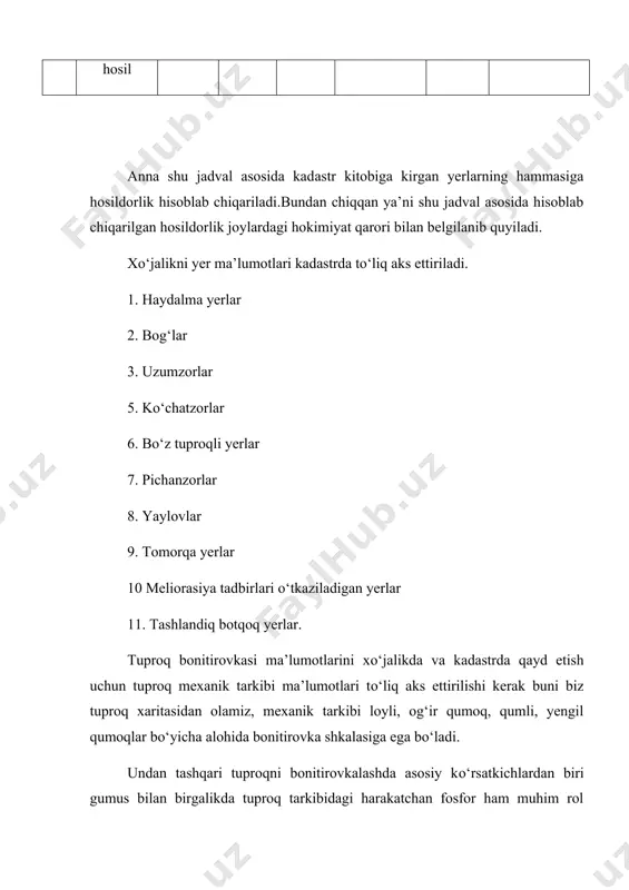dorligini oshirish uchun tarkibidagi gumusni kо‘tarish bilan chambarchas bog‘liq. 3. lalmikor yerlarni baholash va uning kadastrga tushirish muhim ahamiyatga ega bahorikor yerlarda tuproq qatlami 70-120 sm ni tashkil qiladi, tog‘ oldi qiya tekisliklarida 70 sm gacha bо‘lsa pas tog‘larda 120 sm gacha yetadi. bu yerlarda tuproqni nam zahirasi mart oyida eng kо‘p bо‘ladi, bunday yerlar dengiz sathidan 300-1300 m balandlikda turadi. lalmikor dehqonchilik maydonlarini rozono va rode unga tushayotgan yog‘in miqdoriga qarab 3 ta guruhga ajratadi. kadastr rо‘yxatiga ham xudi shunday hisoblangan. 1. yaxsha ta’minlangan yerlar 500 mm. 2. yarim ta’minlangan yerlar 300-500 mm 3. ta’minlanmagan yerlar <300 mmg‘allaorol ilmiy tekshirish instituti lalmikor dehqonchilik bо‘yicha quyidagicha bonitirovkalashni kadastrga kiritdi. lalmikor yerlar uchun negizli shkala. t.r tuproqni genetik guruhlari. bonitet ballari 1 och jigarrang 100 2 tо‘k tusli bо‘z 85 3 tipik bо‘z 70 4 och tusli bо‘z 50 bundan kо‘rinib turibdiki och jigarrang va tо‘q tusli tuproqlar tog‘li va tog‘ …
